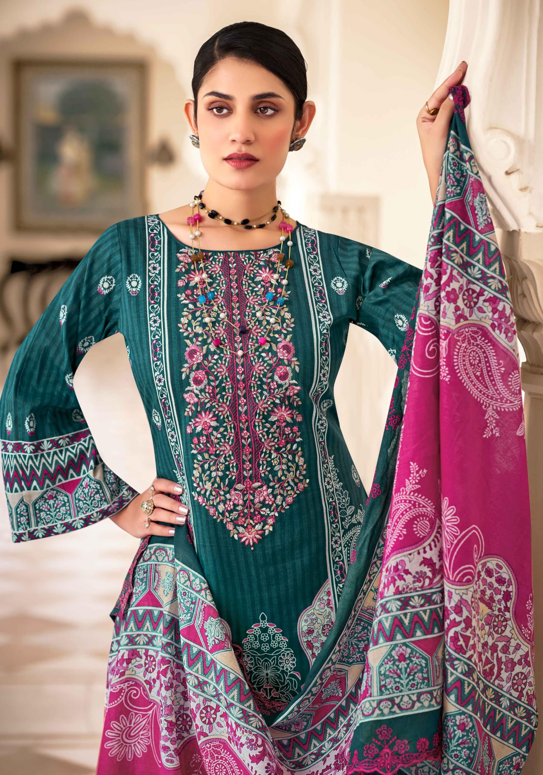 DRAVINAM Trends Women's Unstitched Salwar Suit Dress Material - Cotton Digital Printed Organza Embroidered Kameez II Unstitch Bottoms II Cotton Dupatta