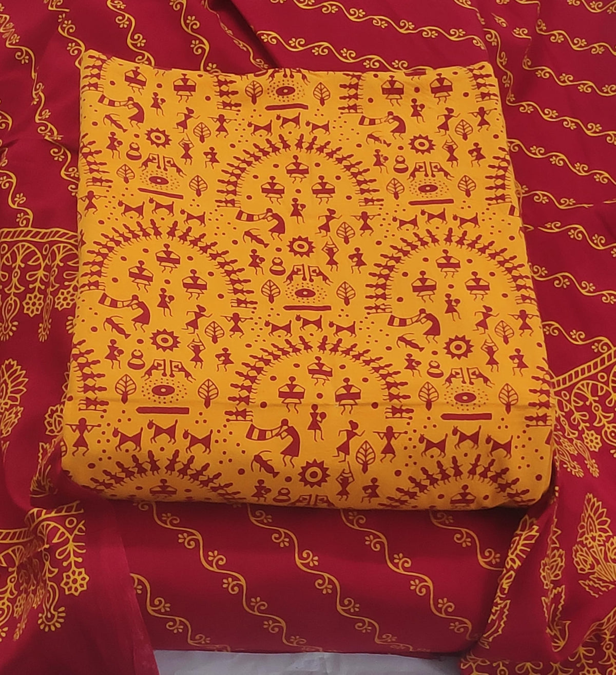 DRAVINAM Trends Women's Premium Cotton Unstitched Salwar Suit Dress Material Set | Traditional Rajasthani Gujari Block Print (Red & Mustard Yellow)