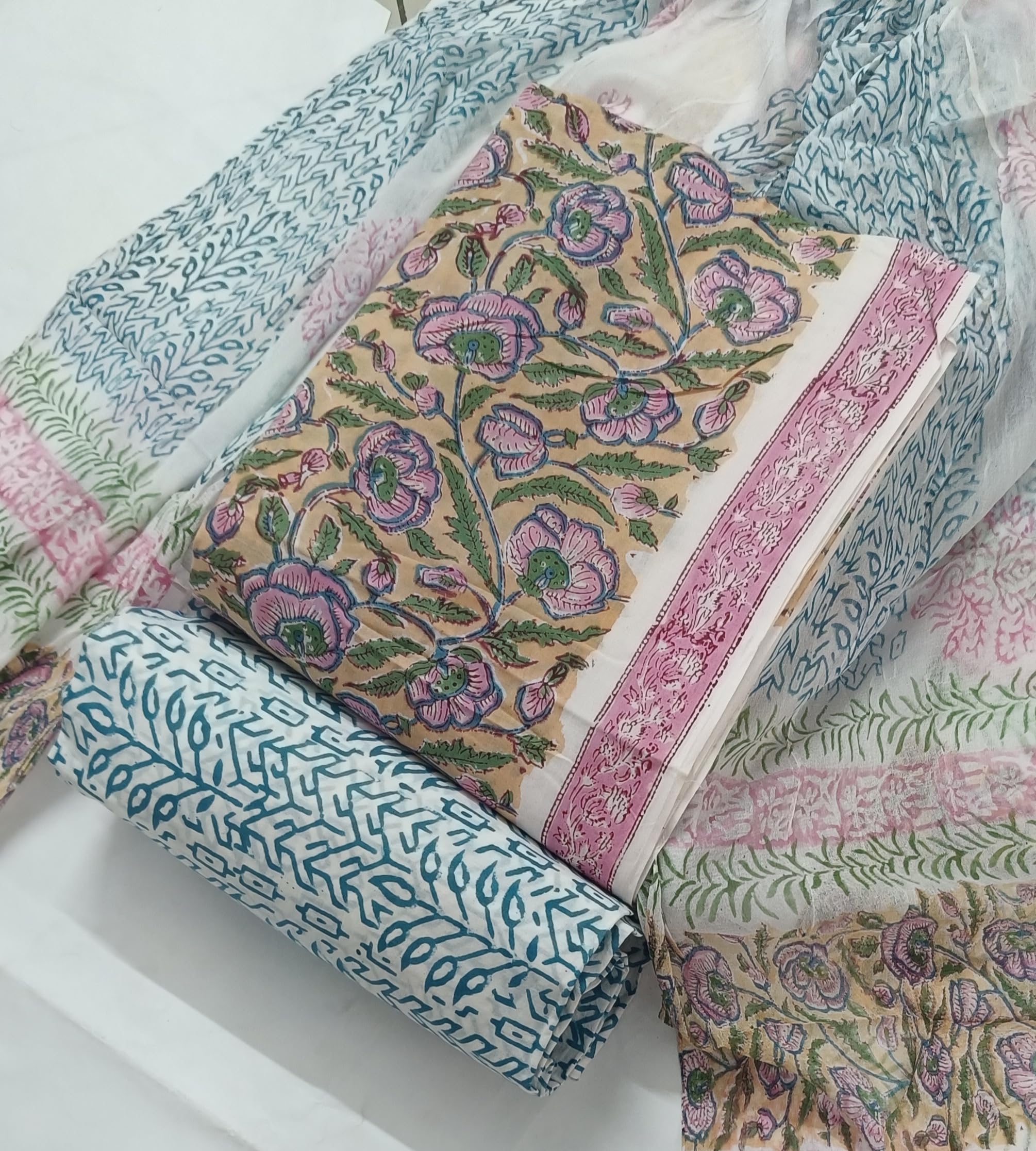 DRAVINAM Trends Hand Block Print Pure Cambric Cotton Unstitched Suit Material with Chiffon Hand Printed Dupatta