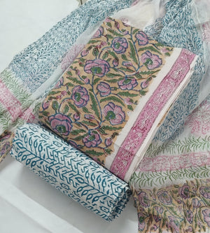 DRAVINAM Trends Hand Block Print Pure Cambric Cotton Unstitched Suit Material with Chiffon Hand Printed Dupatta