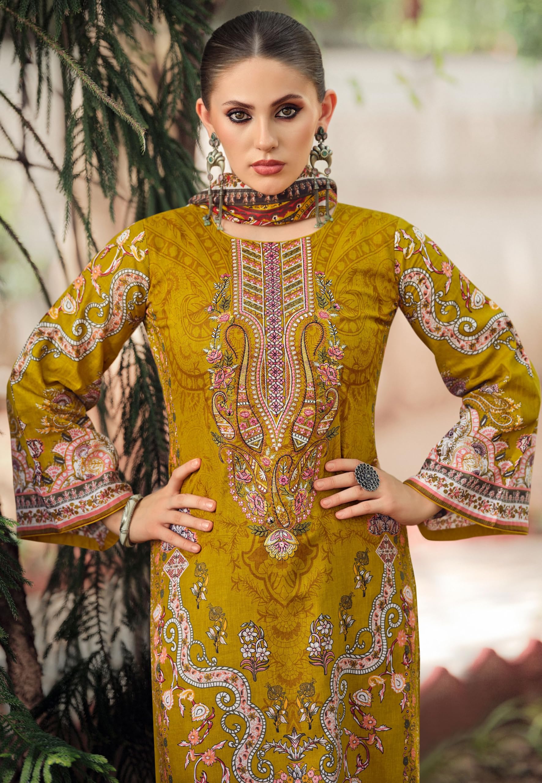 DRAVINAM Trends Lawn Cotton Pakistani Embroidered Suit Dress Material with Unstitched Bottoms and Cotton Dupatta