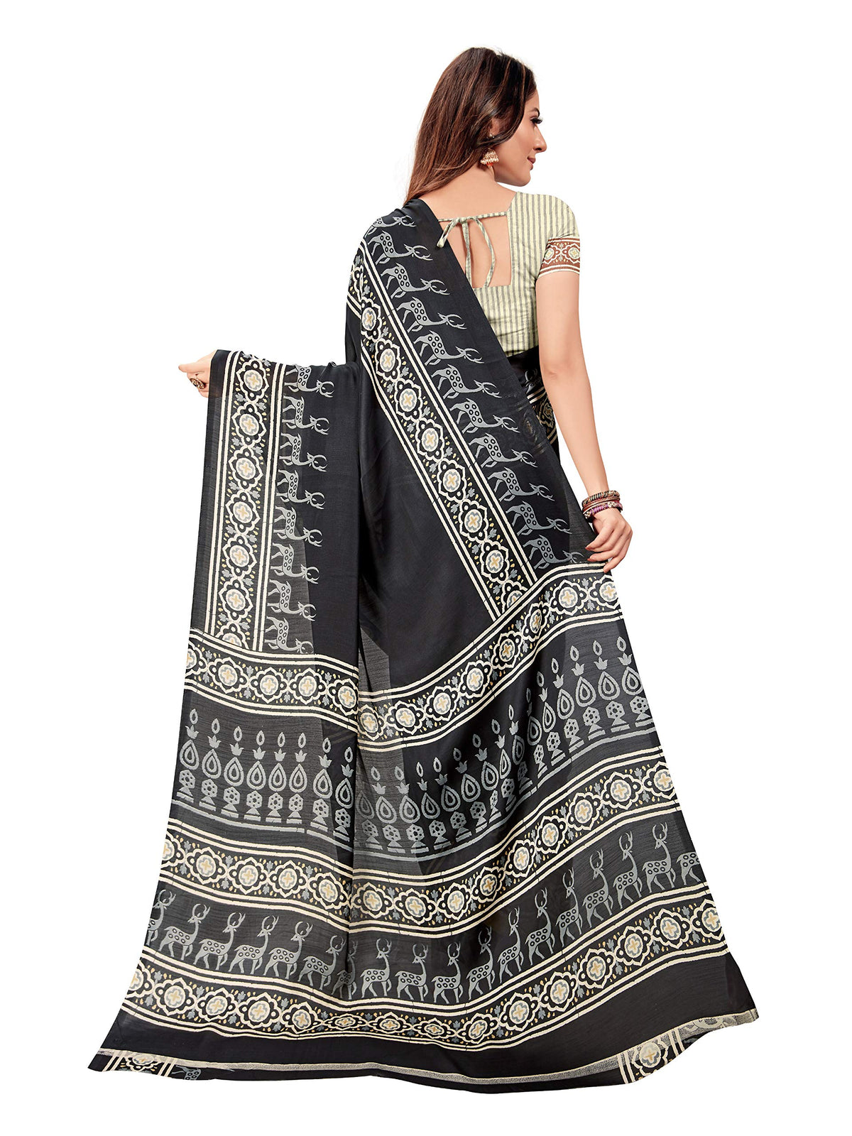 DRAVINAM Trends Women's Soft Printed Mul Mul Satin Saree with Blouse Piece (Black)