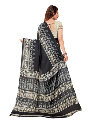 DRAVINAM Trends Women's Soft Printed Mul Mul Satin Saree with Blouse Piece (Black)