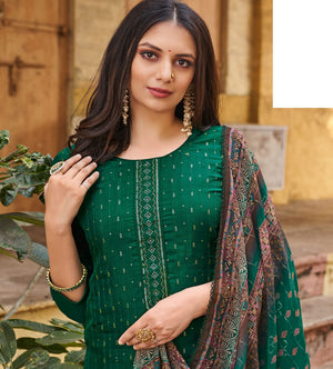 DRAVINAM Trends Women's Pure Viscose Upada Silk Sequence work Unstitched Salwar Suit Material with Pure Muslin Digital Print Sequence Dupatta (Free size_Bottle Green)