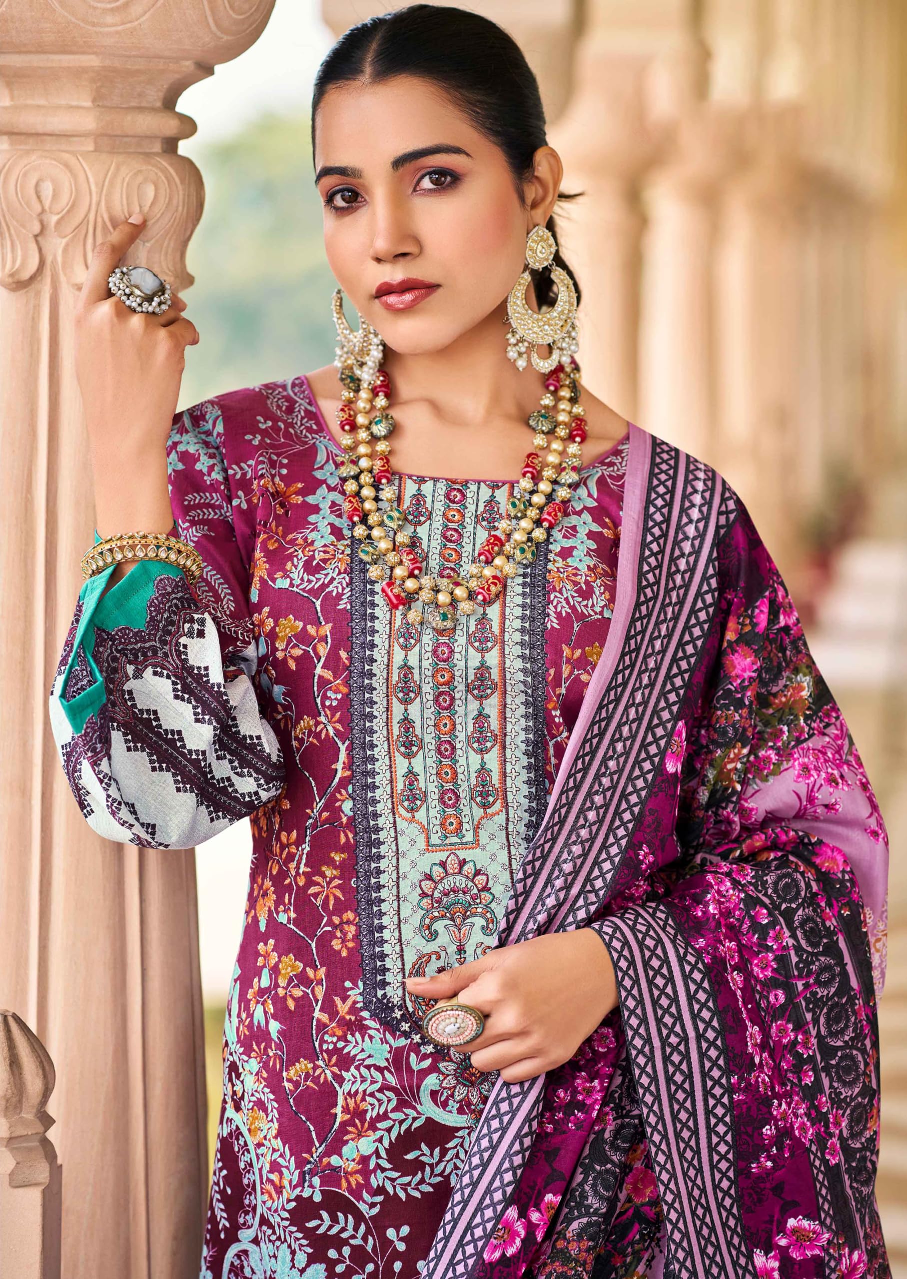 DRAVINAM Trends Lawn Cotton Pakistani Embroidered Suit Dress Material with Unstitched Bottoms and Cotton Dupatta