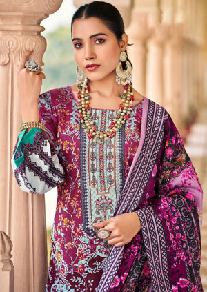DRAVINAM Trends Lawn Cotton Pakistani Embroidered Suit Dress Material with Unstitched Bottoms and Cotton Dupatta