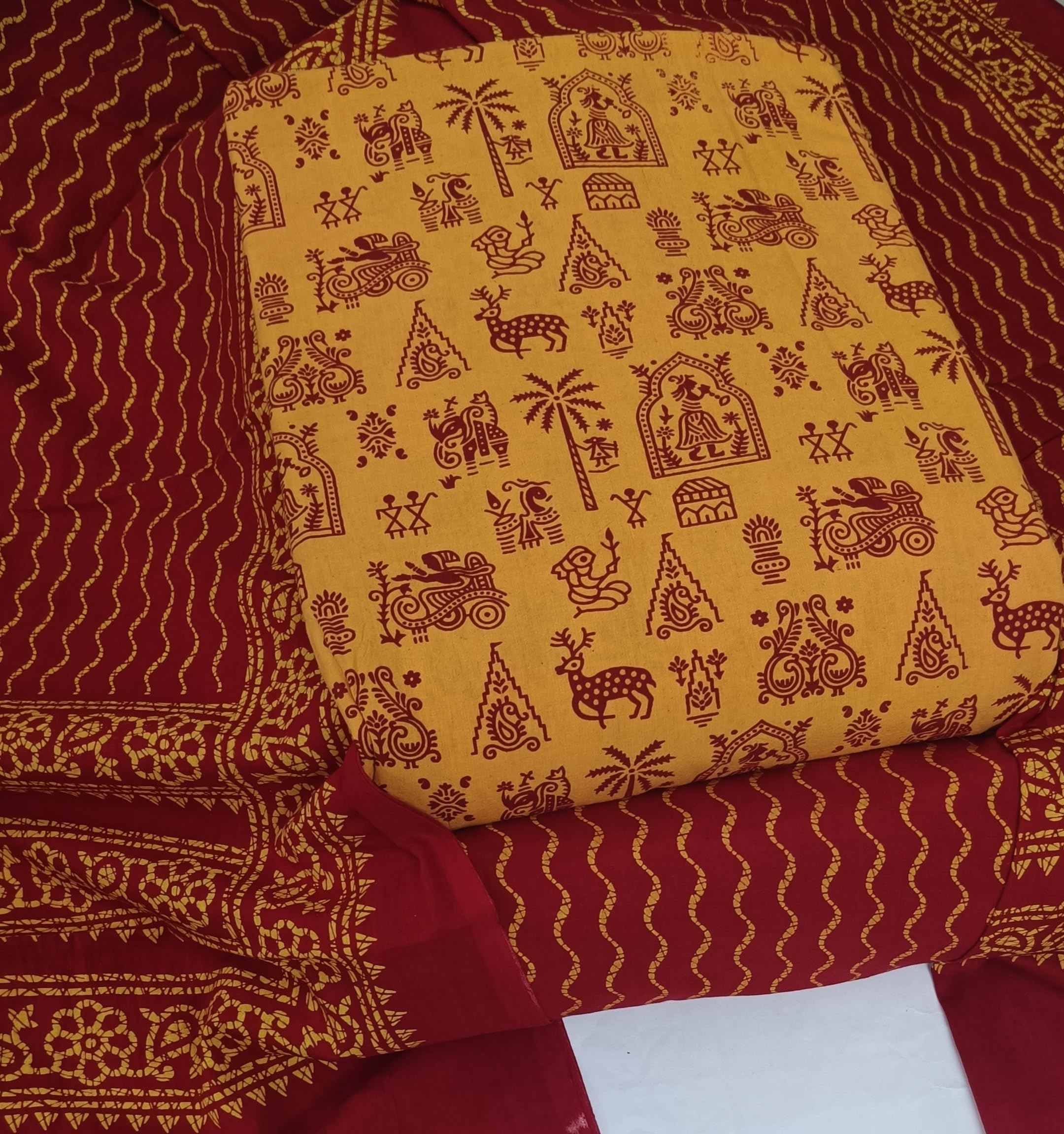 DRAVINAM Trends Women's Premium Cotton Unstitched Salwar Suit Dress Material Set | Traditional Rajasthani Gujari Block Print (Red & Mustard Yellow)