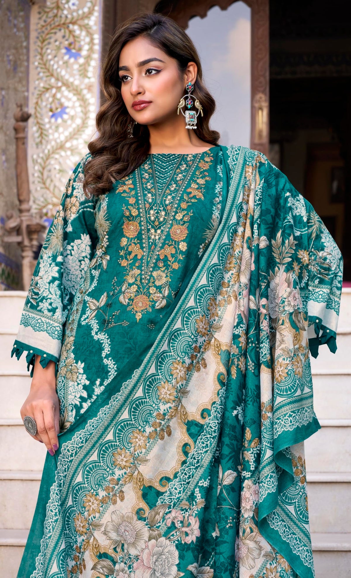 DRAVINAM Trends Women's Unstitched Cotton Suit Dress Material -Embroidered Digital Print Top II Plain Bottoms II Digital Print Dupatta