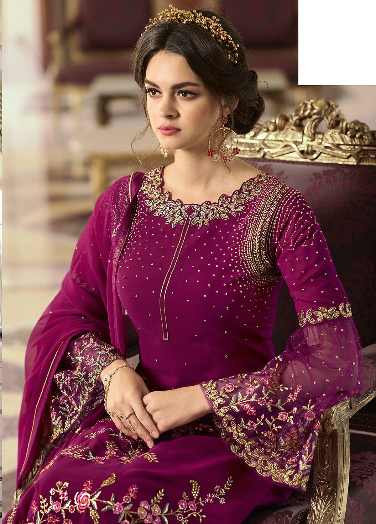 DRAVINAM Trends Women's Faux Georgette Semi Stitched Top With Unstitched Santoon Bottom and Net Dupatta Embroidered Straight Kurta Dress Material (Kurta Set)