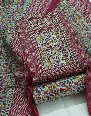DRAVINAM Trends Women's Cambric Cotton Dress Material | Unstitch Kalamkari Printed Suit Set with Cotton Dupatta