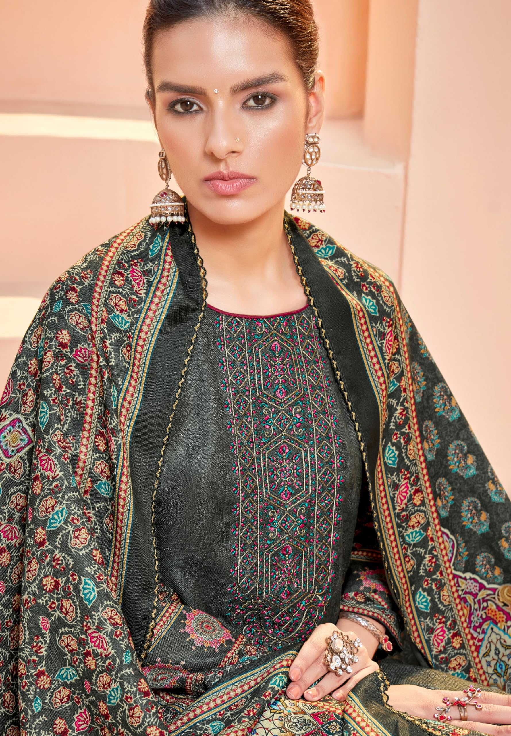DRAVINAM Trends Women's Swaroski Work Unstitched Digital Printed Embroidered Winter Woollen Pashmina Salwar Suit Dress Material with Woolen Shawl Dupatta