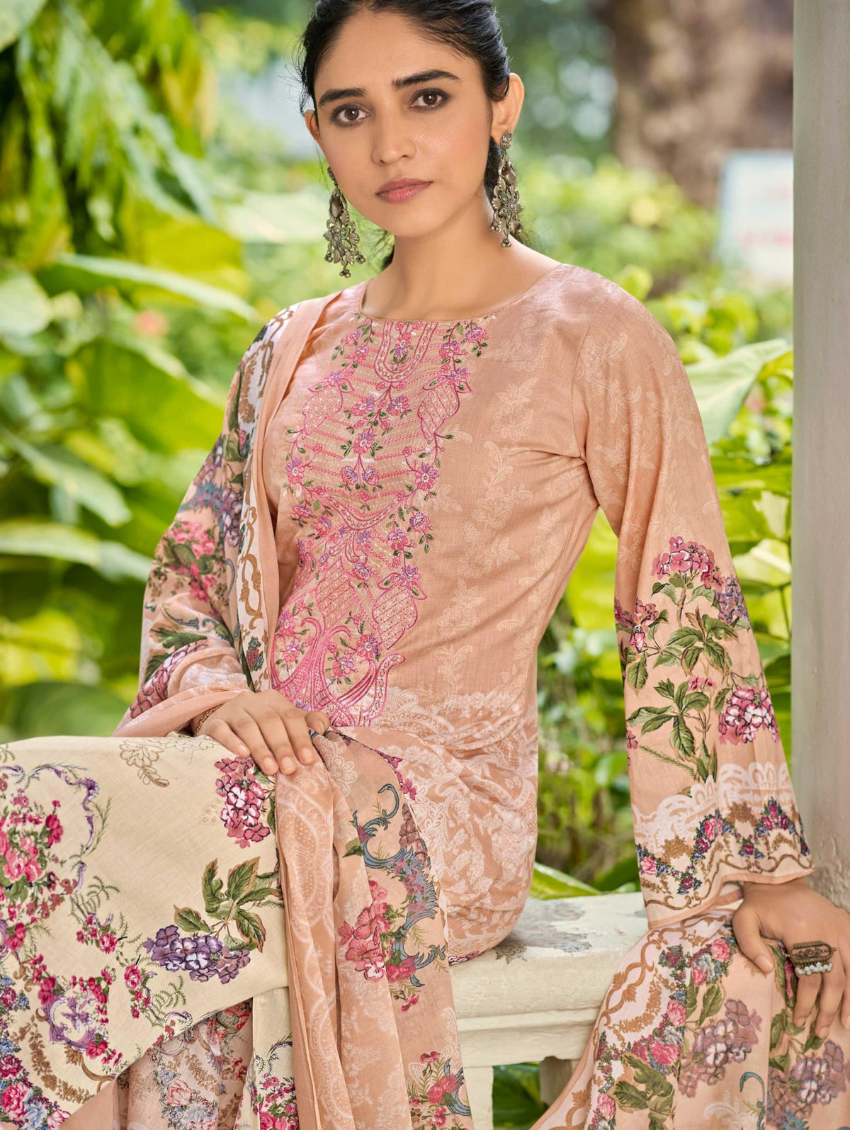 DRAVINAM Trends Unstitched Pure Lawn Cotton Pakistani Embroidered Suit Dress Material with Unstitched Bottoms and Cotton Dupatta
