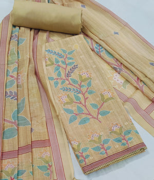 Elegant Women's Linen Floral Unstitched Dress Material Suit Set | Malai Cotton Bottom & Linen Dupatta with Tassels (Yellow)
