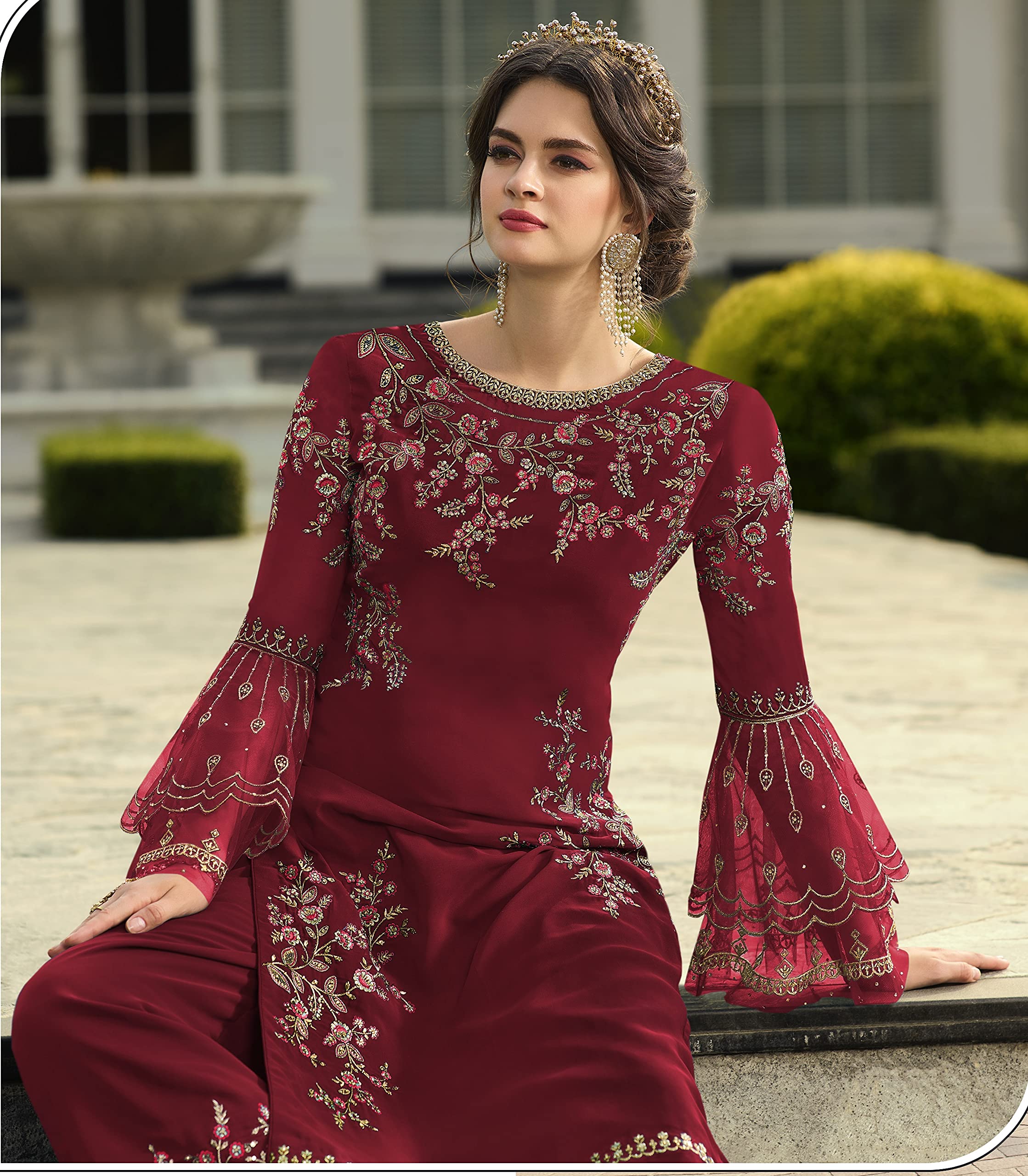 DRAVINAM Trends Women's Faux Georgette Semi Stitched Top With Unstitched Santoon Bottom and Net Dupatta Embroidered Straight Kurta Dress Material (Kurta Set)