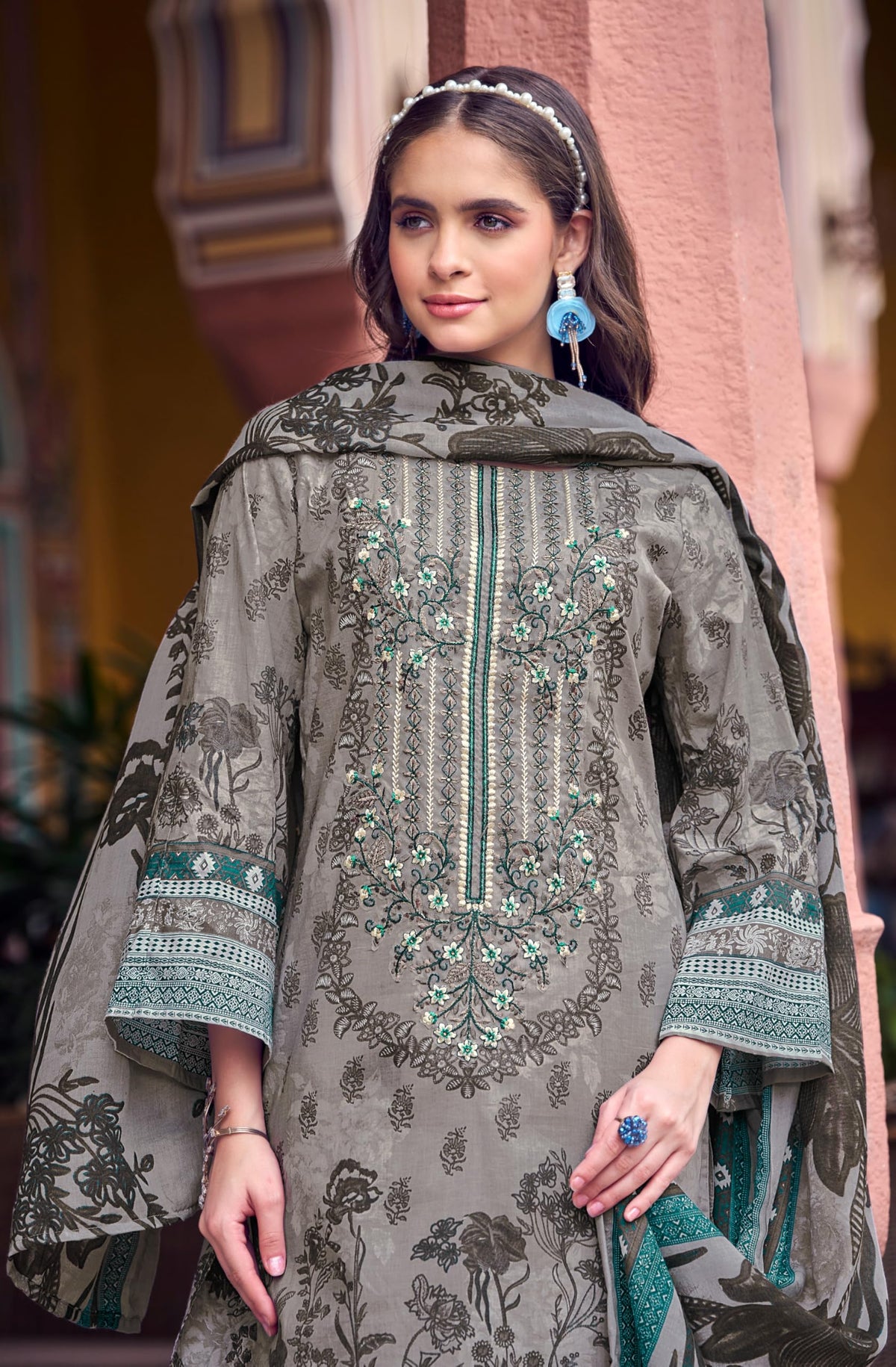 DRAVINAM Trends Women's Unstitched Salwar Suit Dress Material - Cotton Digital Printed Organza Embroidered Kameez II Unstitch Bottoms II Cotton Dupatta