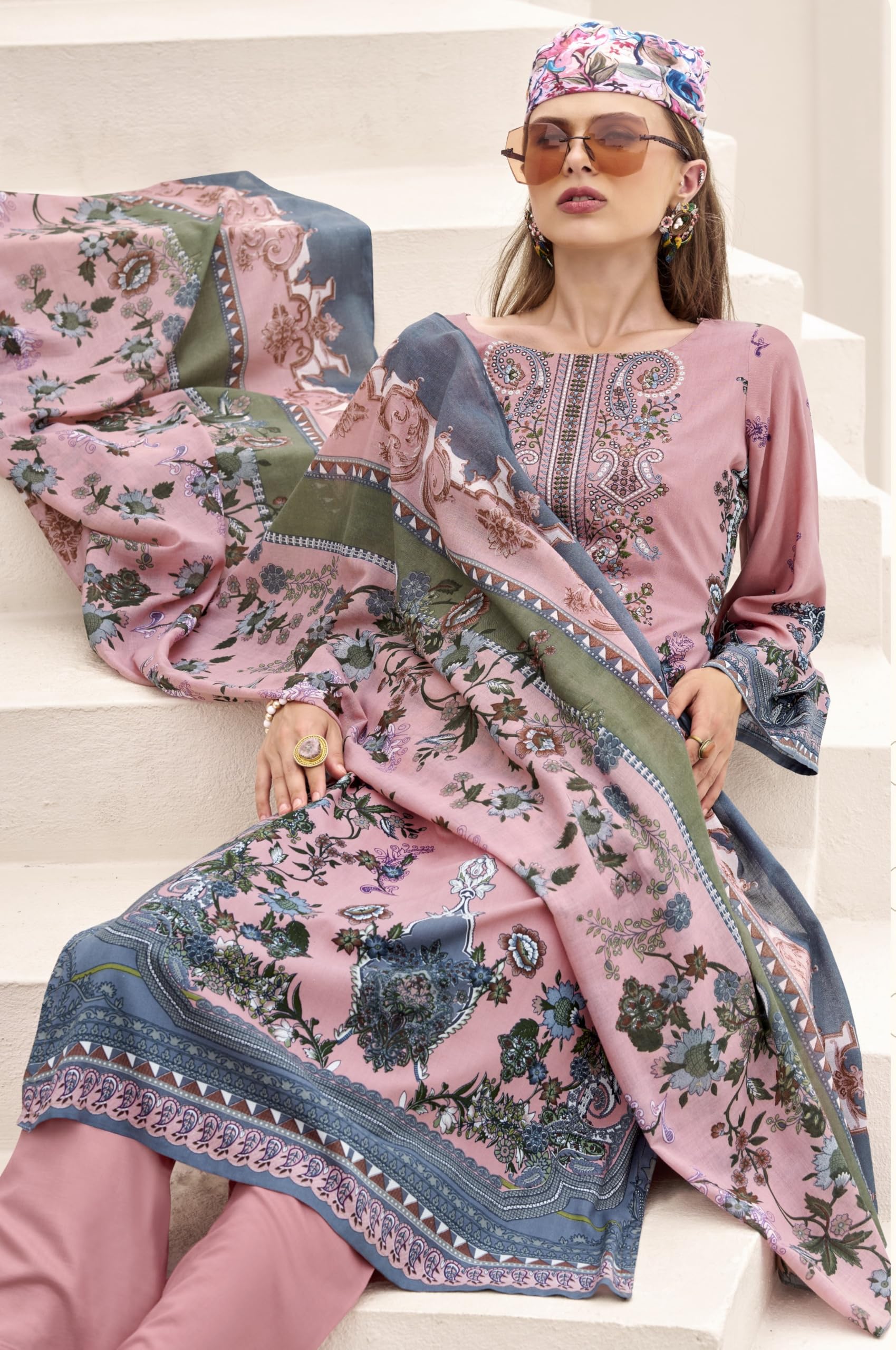DRAVINAM Trends Unstitched Pakistani Embroidered Pure Rayon Salwar Suit Dress Materials with Cotton Dupatta