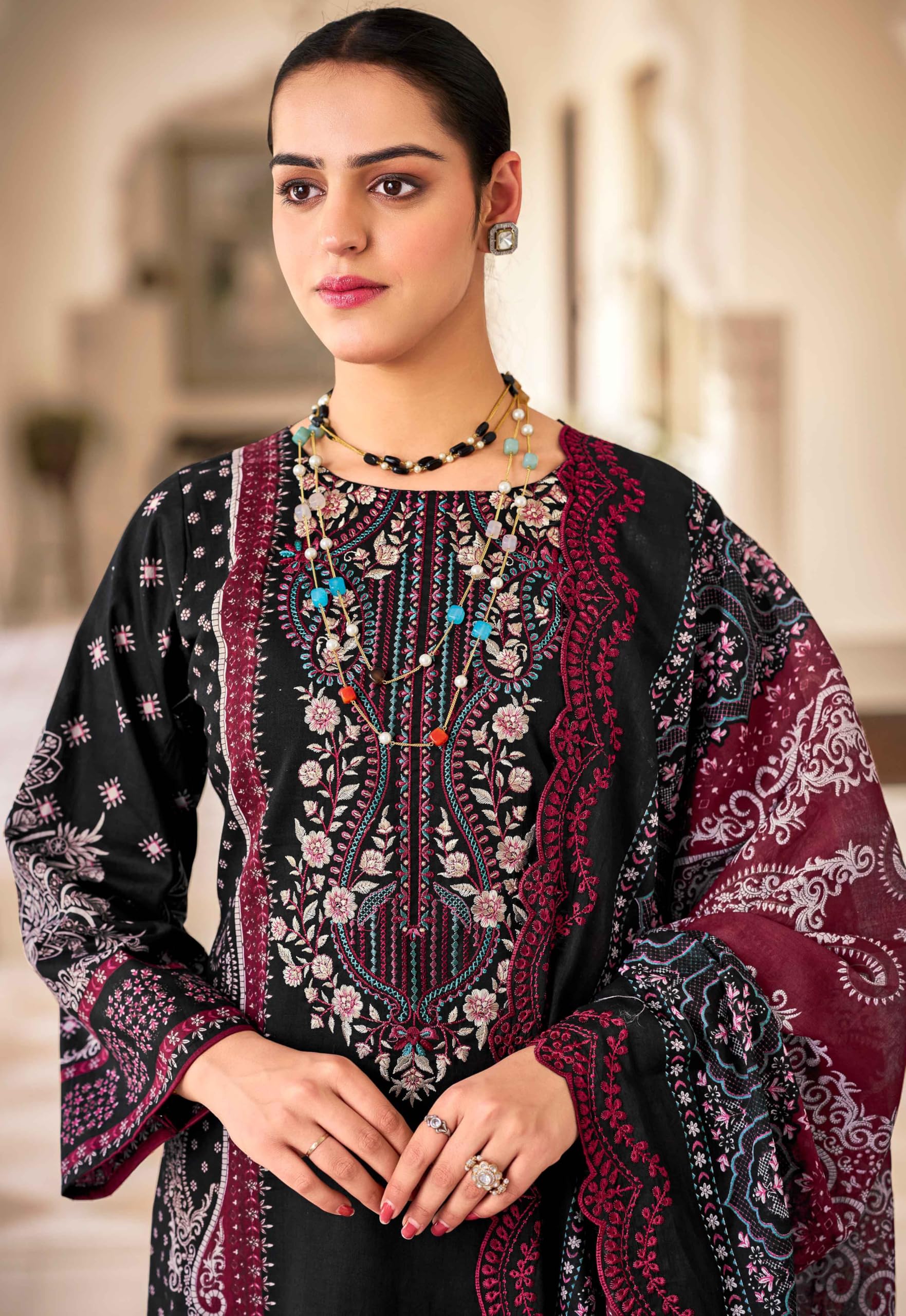 DRAVINAM Trends Women's Unstitched Salwar Suit Dress Material - Cotton Digital Printed Organza Embroidered Kameez II Unstitch Bottoms II Cotton Dupatta