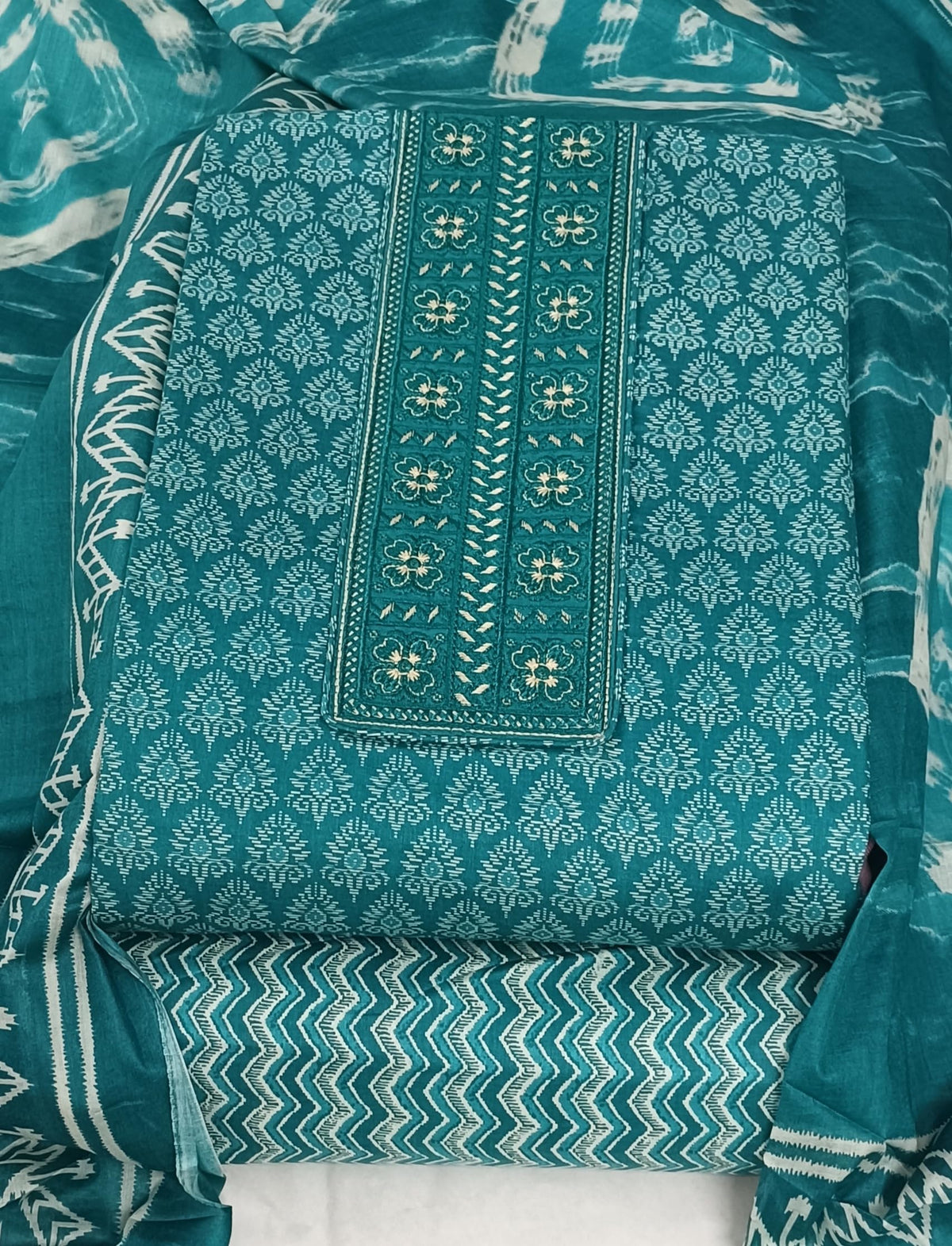 DRAVINAM Trends Women's Premium Cotton Jaipuri Printed Embroidered and Hand Work Unstitched Salwar Suit Dress Material with Mulmul Cotton Dupatta