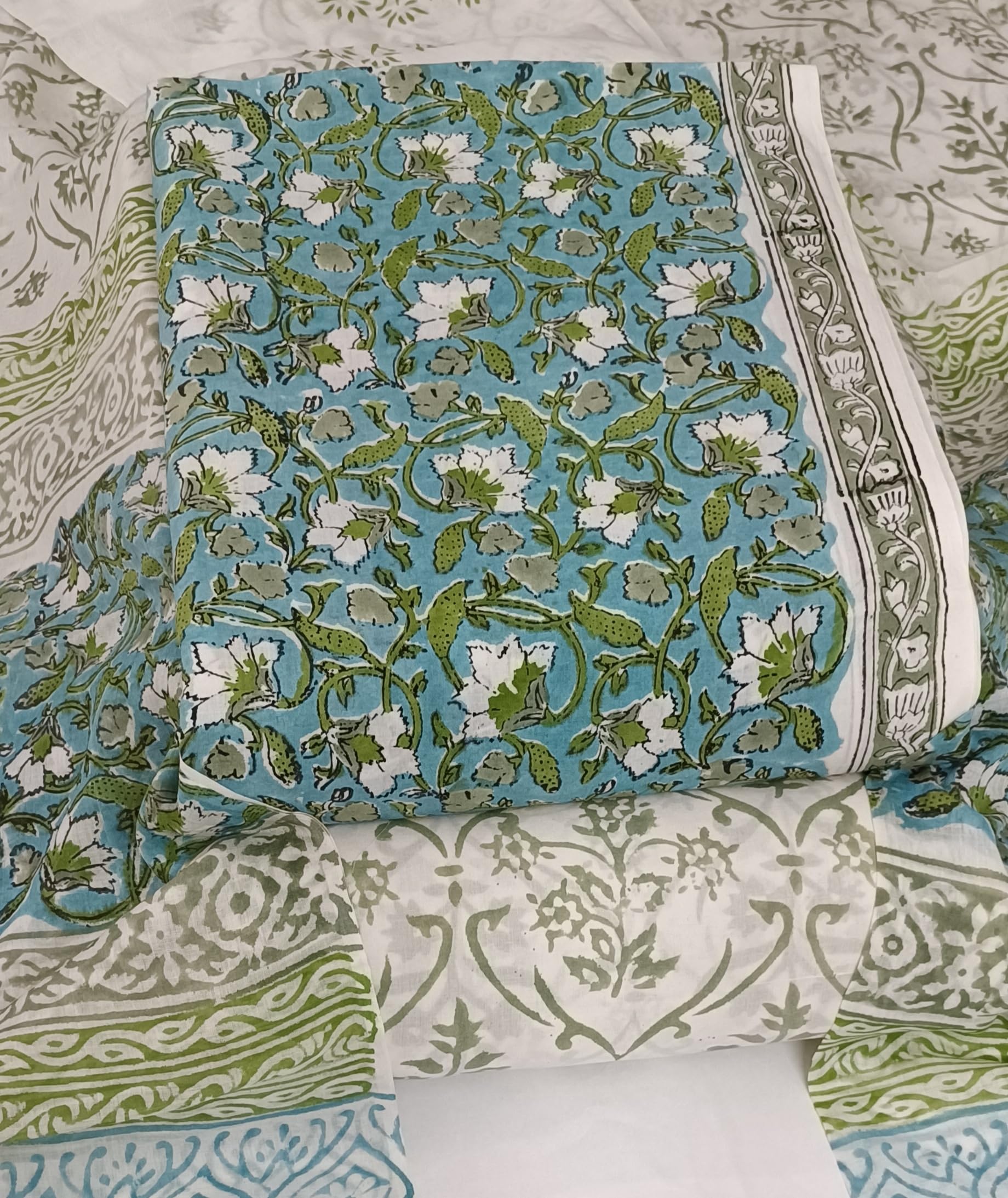 DRAVINAM Trends Hand Block Dabu Print Indigo Cambric Unstitched Cotton Suit Dress Material for Women with Mulmul Cotton Hand Printed Dupatta