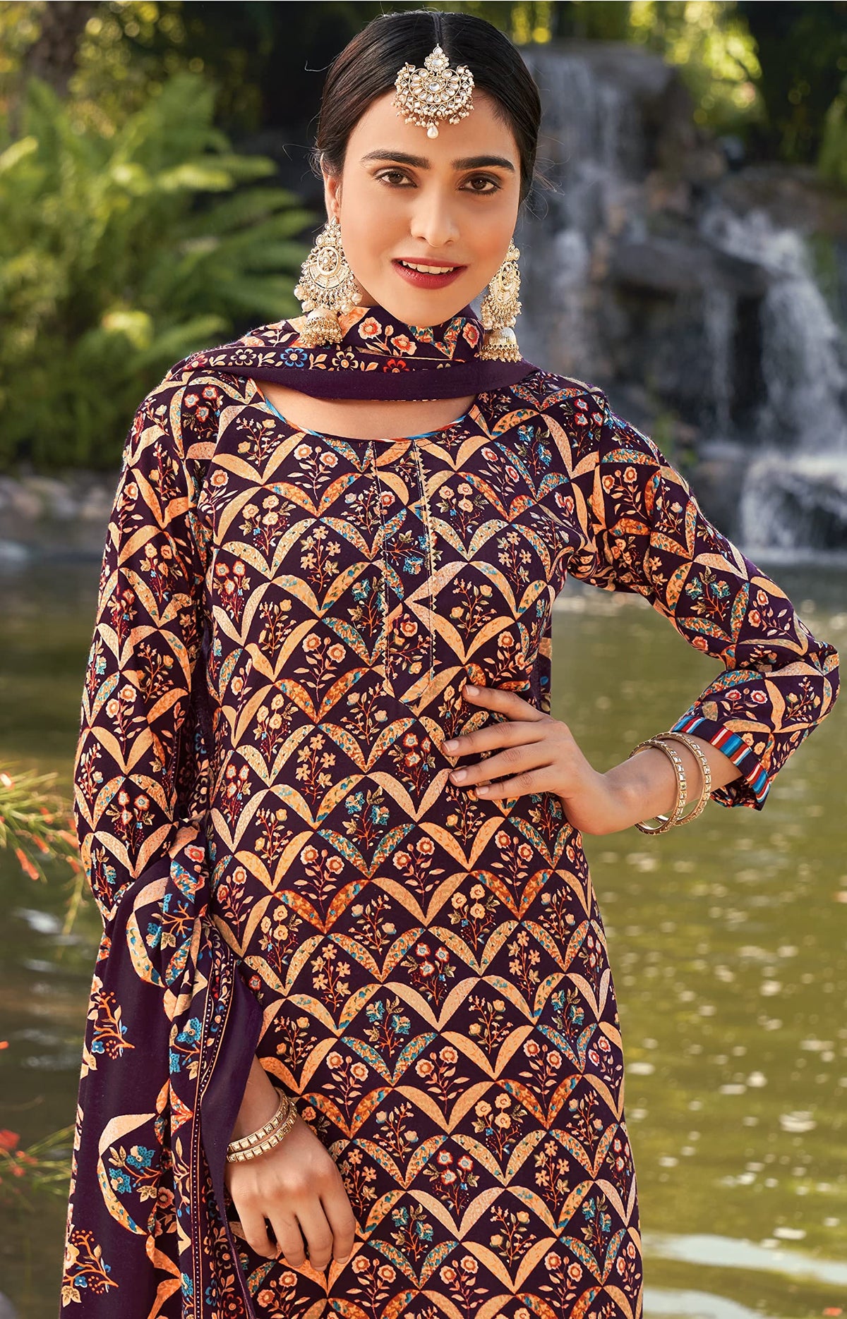 DRAVINAM Trends Women's Unstitched Kashmiri Print Woollen Pashmina Salwar Suit Dress Material with Pashmina Printed Shawl Dupatta (Free Size) (Brown)