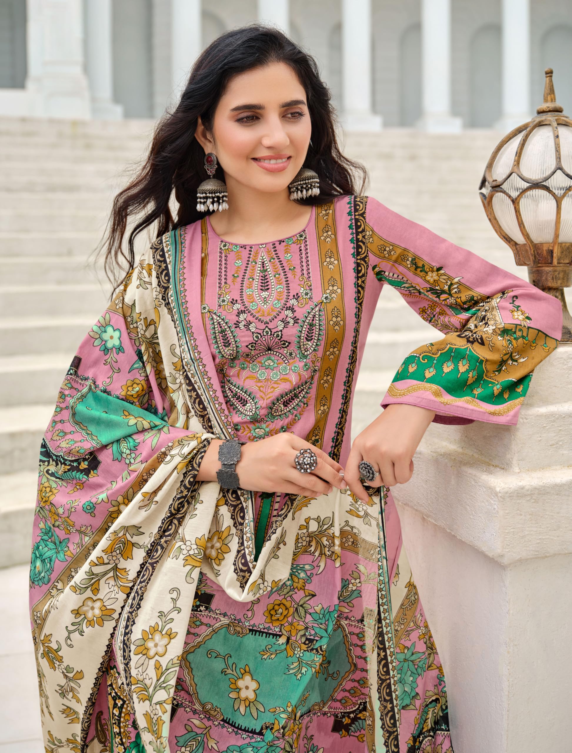 DRAVINAM Trends Women's Lawn Cotton Pakistani Embroidered Suit Dress Material with Unstitched Bottoms and Cotton Dupatta