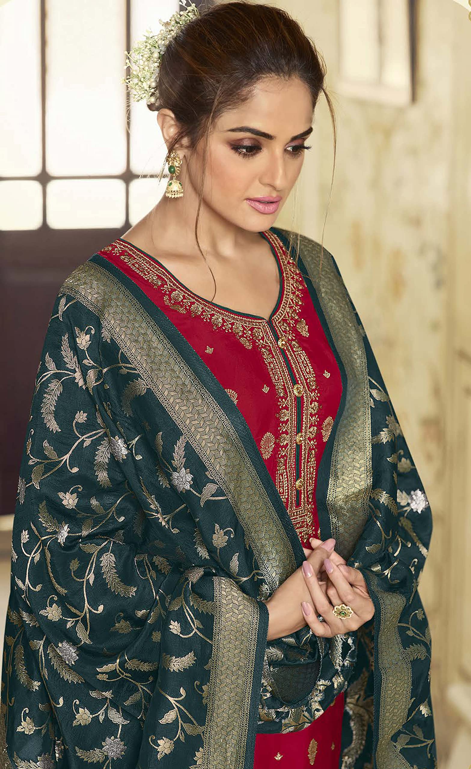 DRAVINAM Trends Women's Dola Jacquard Double Zari Embroidered Unstitched Salwar Suit Dress Material with Dola Jacquard Double Jari Heavy Dupatta (Maroon)
