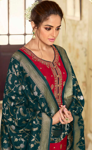DRAVINAM Trends Women's Dola Jacquard Double Zari Embroidered Unstitched Salwar Suit Dress Material with Dola Jacquard Double Jari Heavy Dupatta (Maroon)
