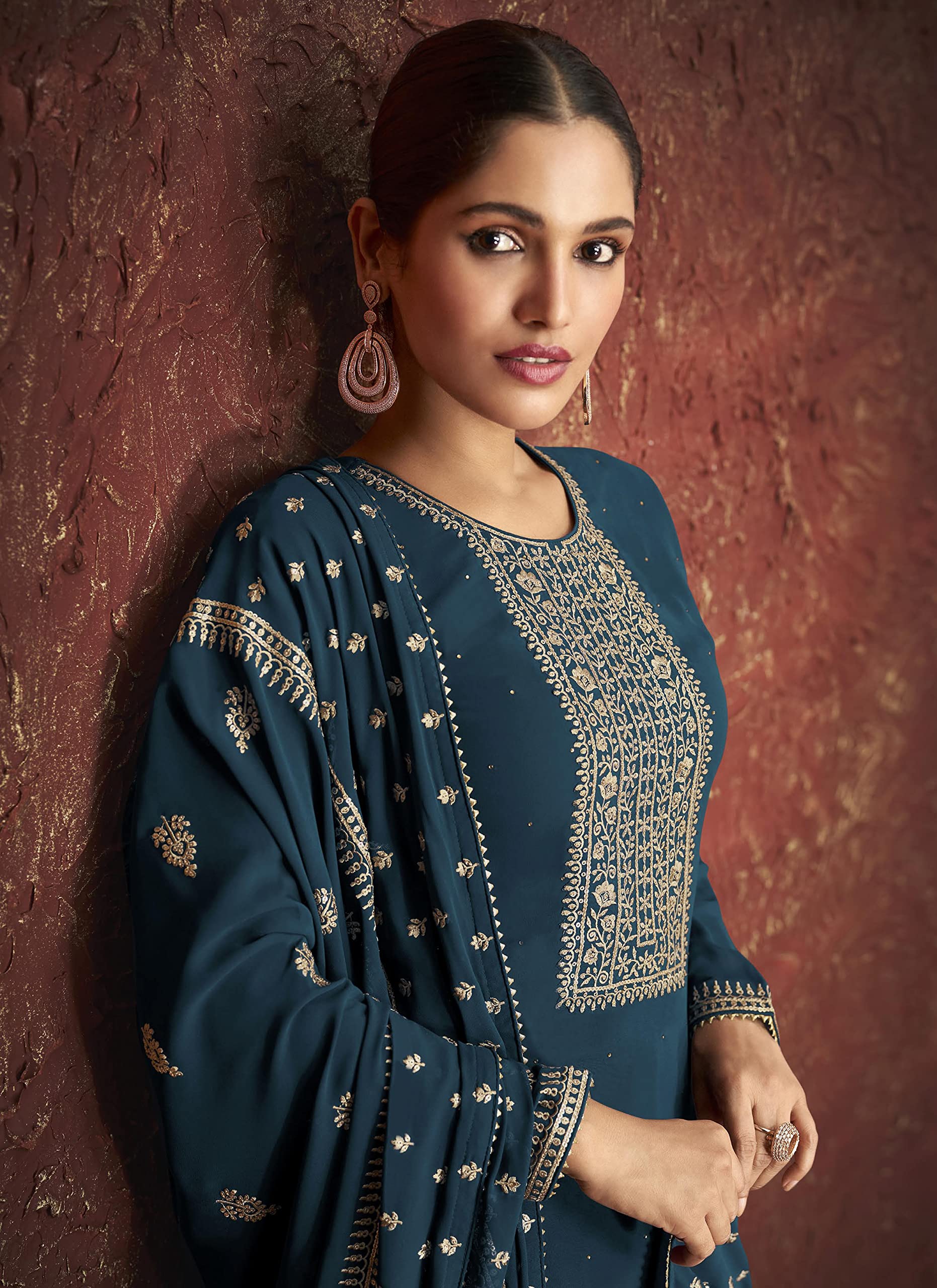 DRAVINAM Trends Women's Pure Georgette Heavy Embroidered Pakistani Salwar suit Dress Material with Embroidered Georgette Dupatta (Free Size)(Pakistani Salwar Suit) (Blue)