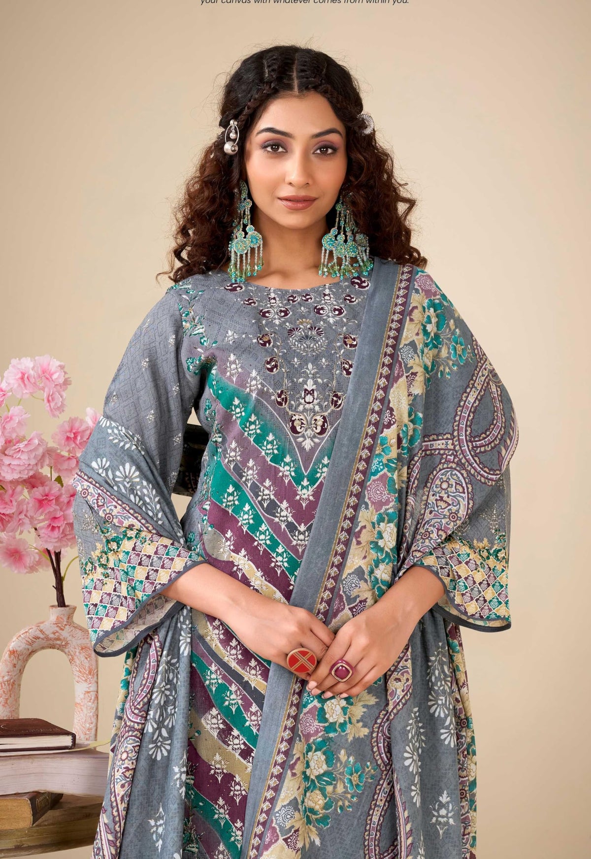 DRAVINAM Trends Kurti 2.50 mtrs, Pure Viscose Rayon (3 mtrs apx), Pure Cotton Mal Mal Print (2.30|Grey