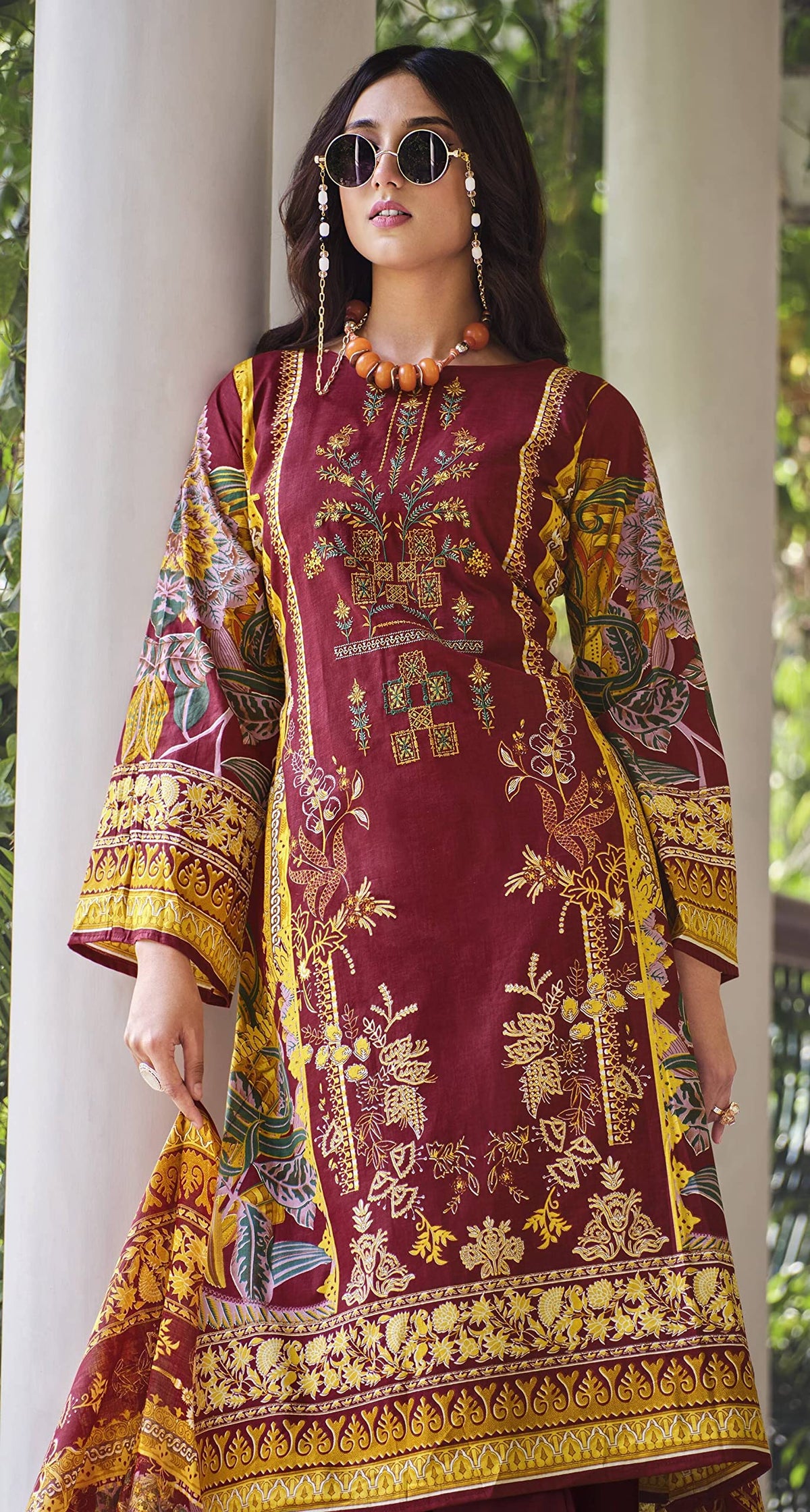 DRAVINAM Trends Printed Embroidered Pakistani Unstitched Pure Cotton Salwar Suit Dress Materials Fabric with Cotton Printed Dupatta for Women (Sky Blue)