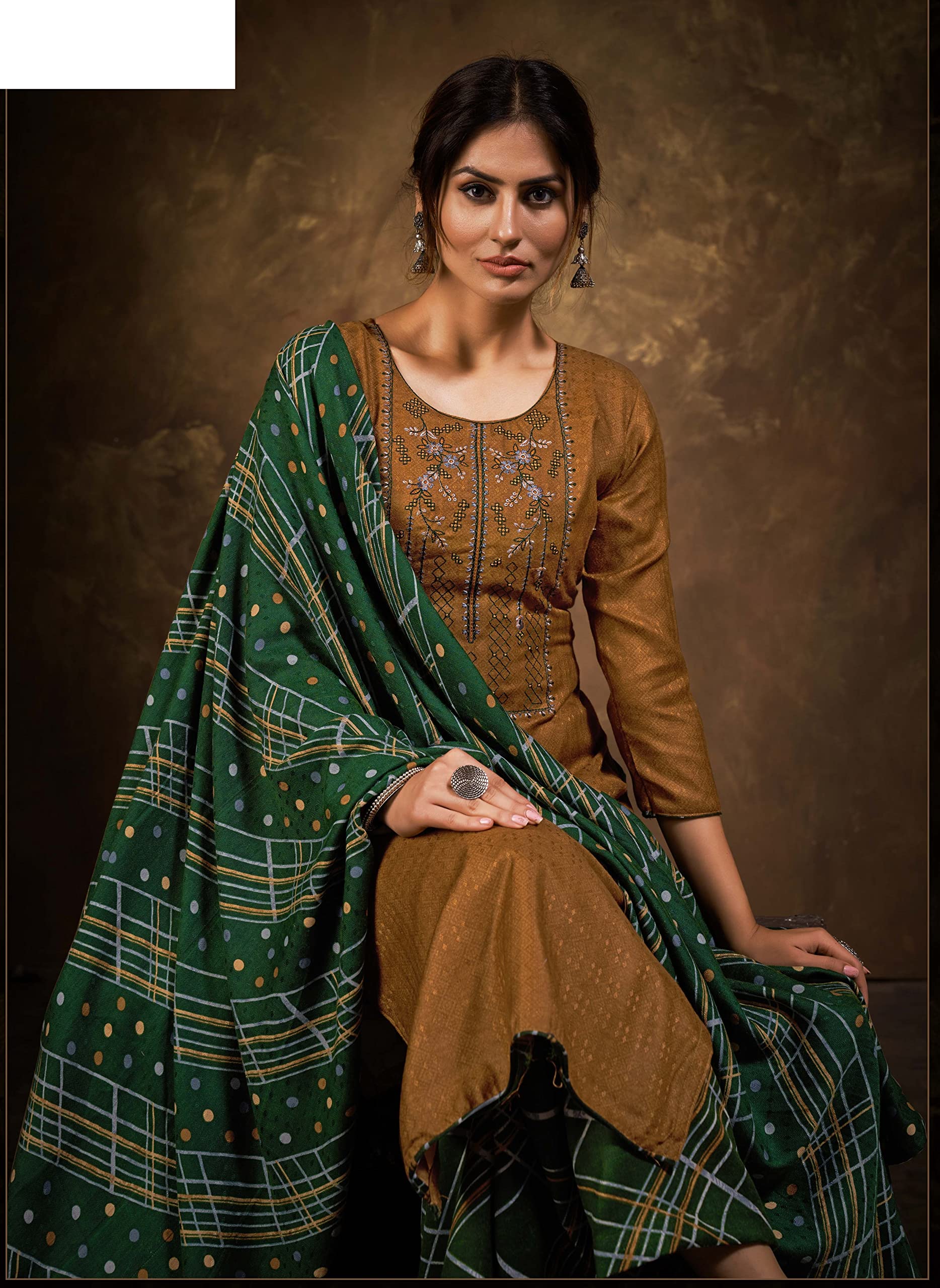 DRAVINAM Trends Women's Pure Wool Pashmina Embroidered Unstitched Palazzo/Pant/Salwar Suit with Pashmina wool Shawl Dupatta/Chunni for/Office Wear/Casual/Winter wear (Mustard)