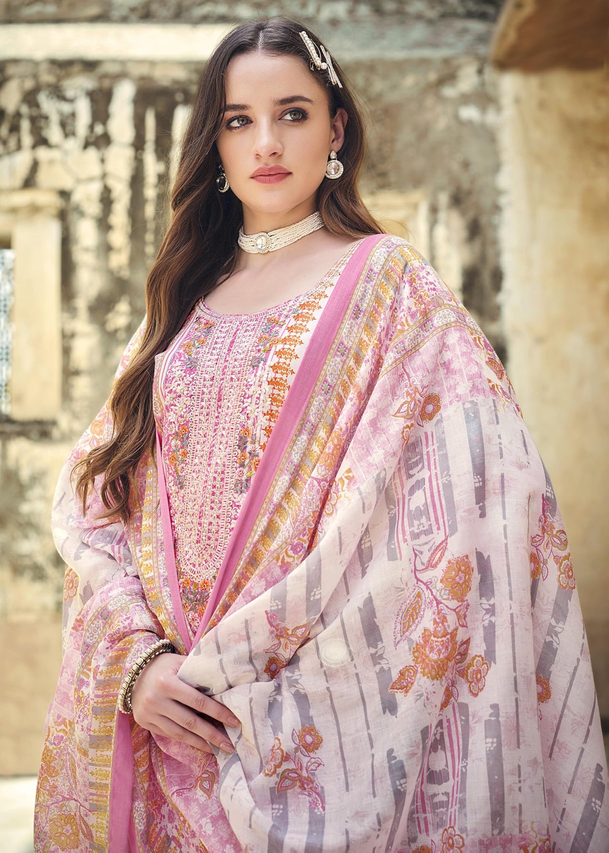 DRAVINAM Trends Women's Cotton Printed Thread Embroidery Work Unstitched Salwar Suit Dress Material With Dupatta (Grey, Unstitched Suit)
