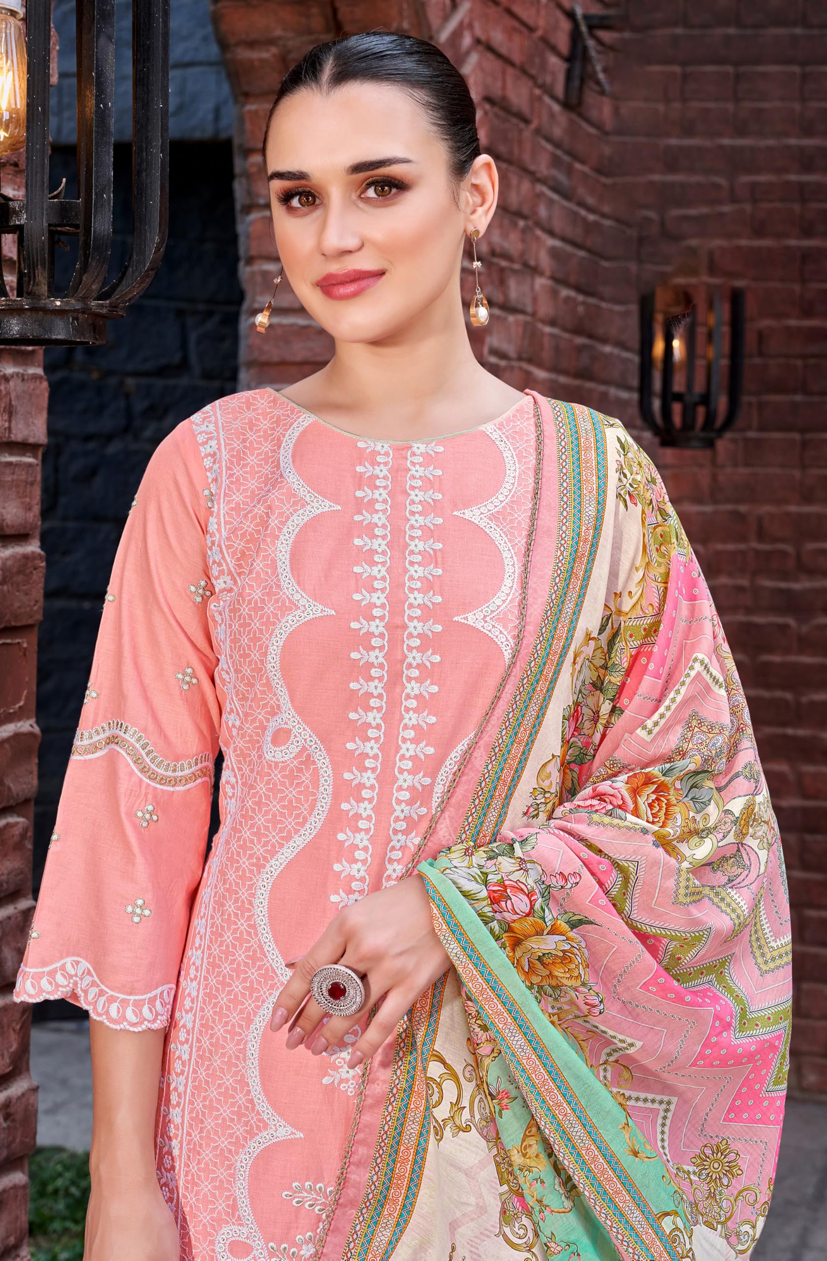 DRAVINAM Trends Women's Exquisite Unstitched Viscose Cambric Lawn Cotton Suit Dress Material with Embroidered Daman & Sleeves | Stylish Pure Cotton Digital Print Dupatta & Solid Bottoms