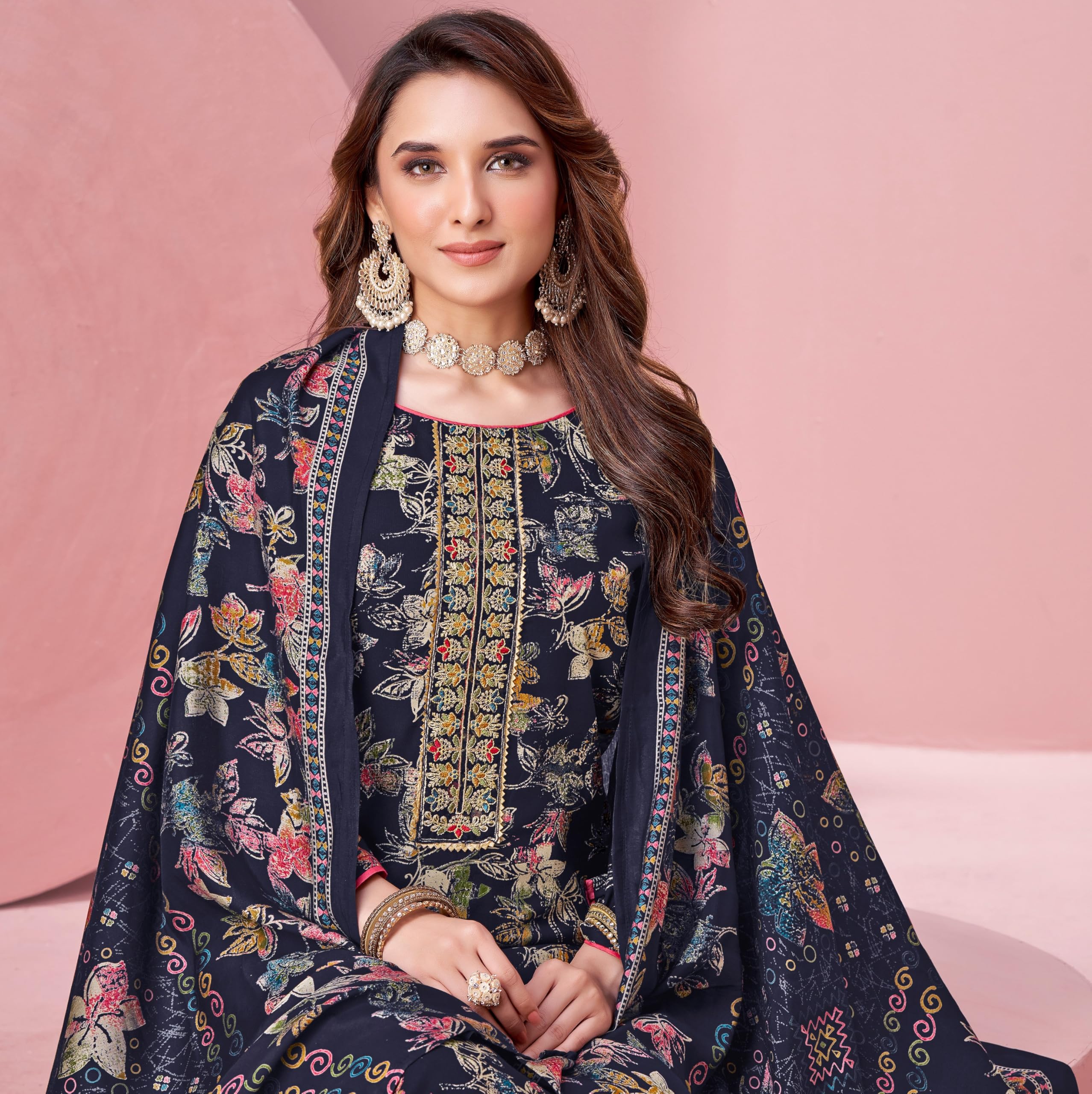 DRAVINAM Trends Pure Viscose Rayon Cotton Discharge Foil Printed Fancy Embroidered Suit Dress Material with Unstitched Bottoms and Cotton Silk Printed Dupatta