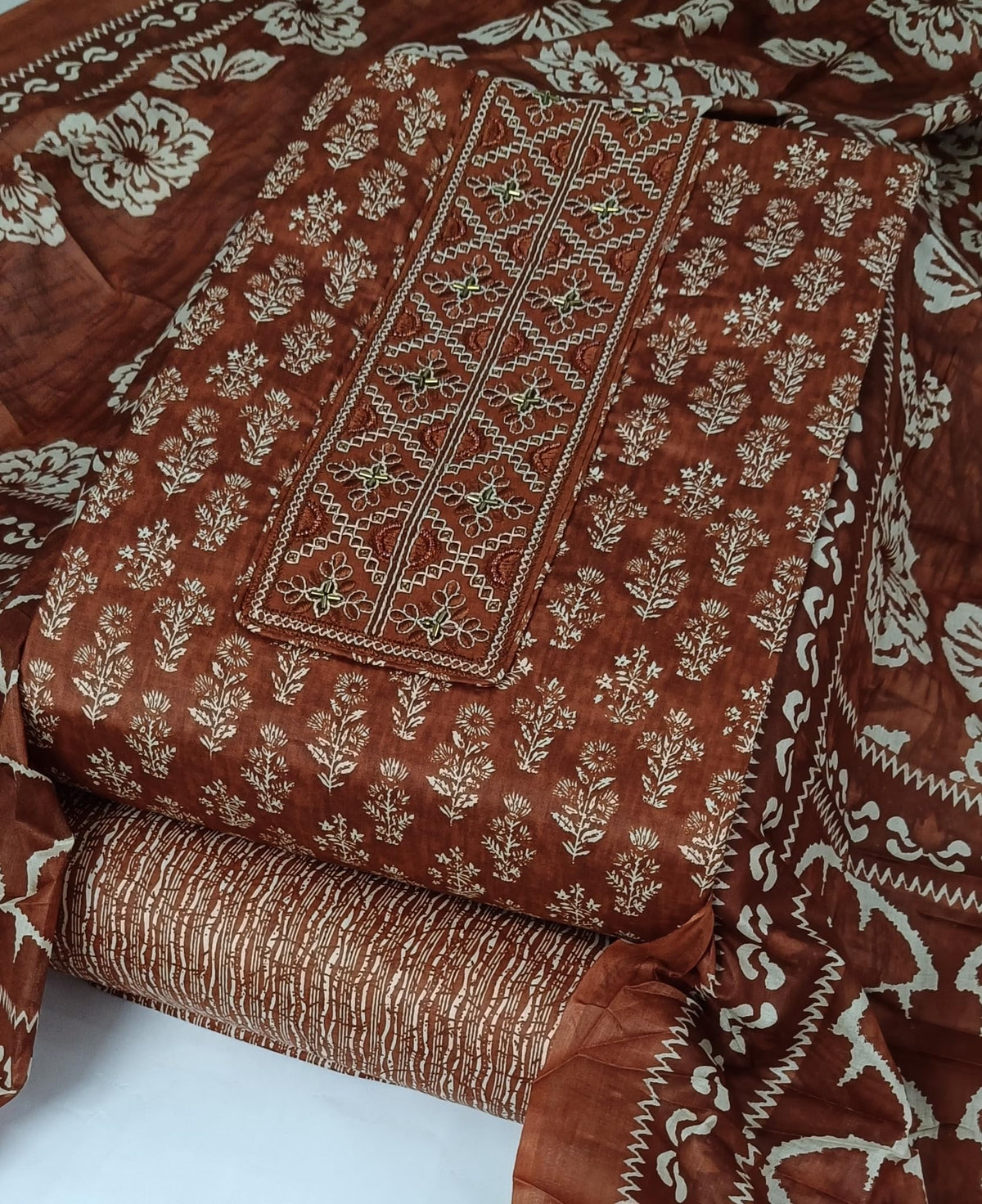 DRAVINAM Trends Women's Printed Embroidered and Hand Work Premium Cotton Jaipuri Unstitched Salwar Suit Dress Material with Mulmul Cotton Dupatta