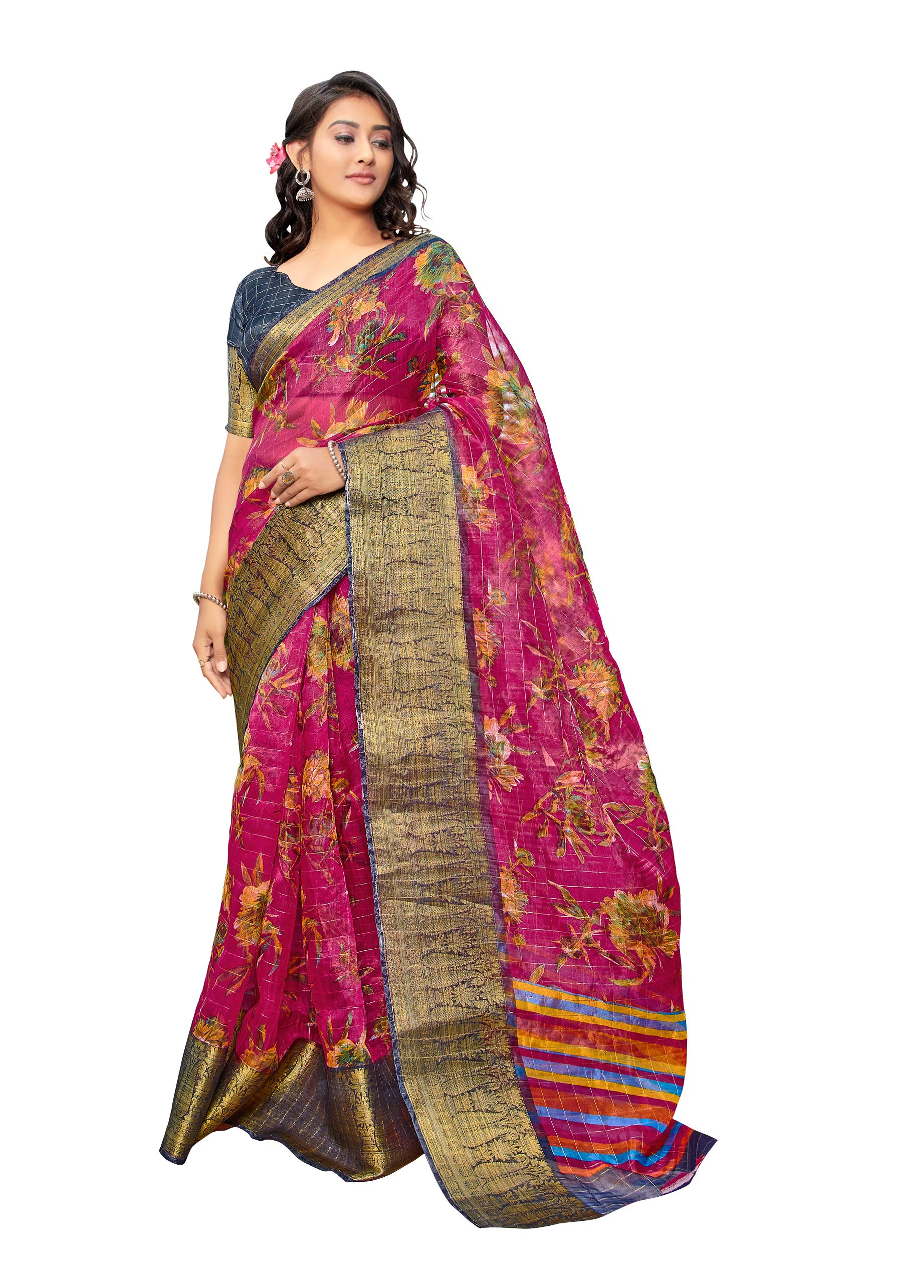 DRAVINAM Trends Women's Jacquard Organza Saree With Blouse Piece (Or_10_Pink & Grey)