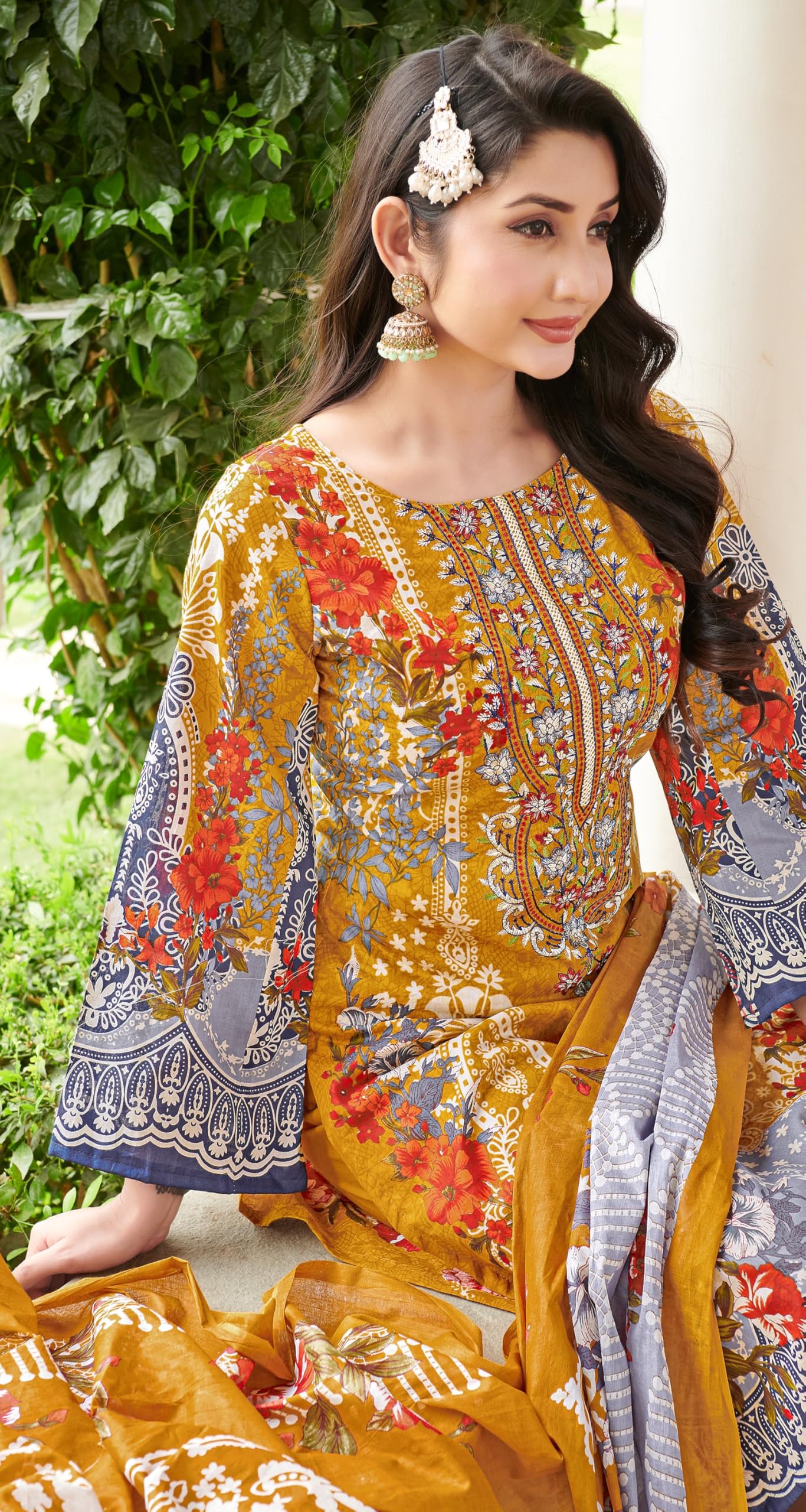 DRAVINAM Trends Unstitched Suit Material Karachi Lawn Cotton Pakistani Digital Printed Embroidered Kameez with Unstitched Bottoms and Cotton Dupatta