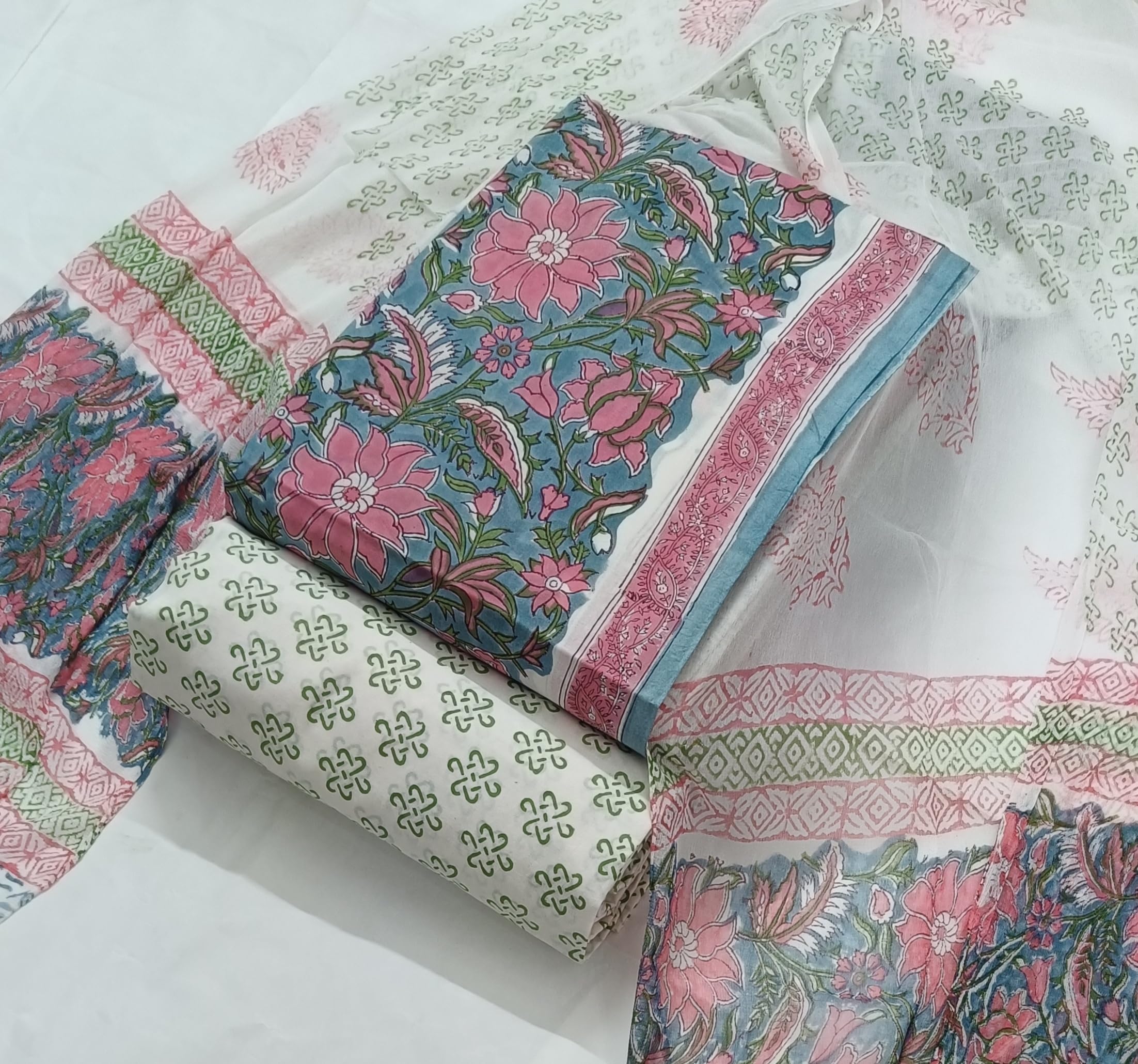 DRAVINAM Trends Hand Block Print Pure Cambric Cotton Unstitched Suit Material with Chiffon Hand Printed Dupatta