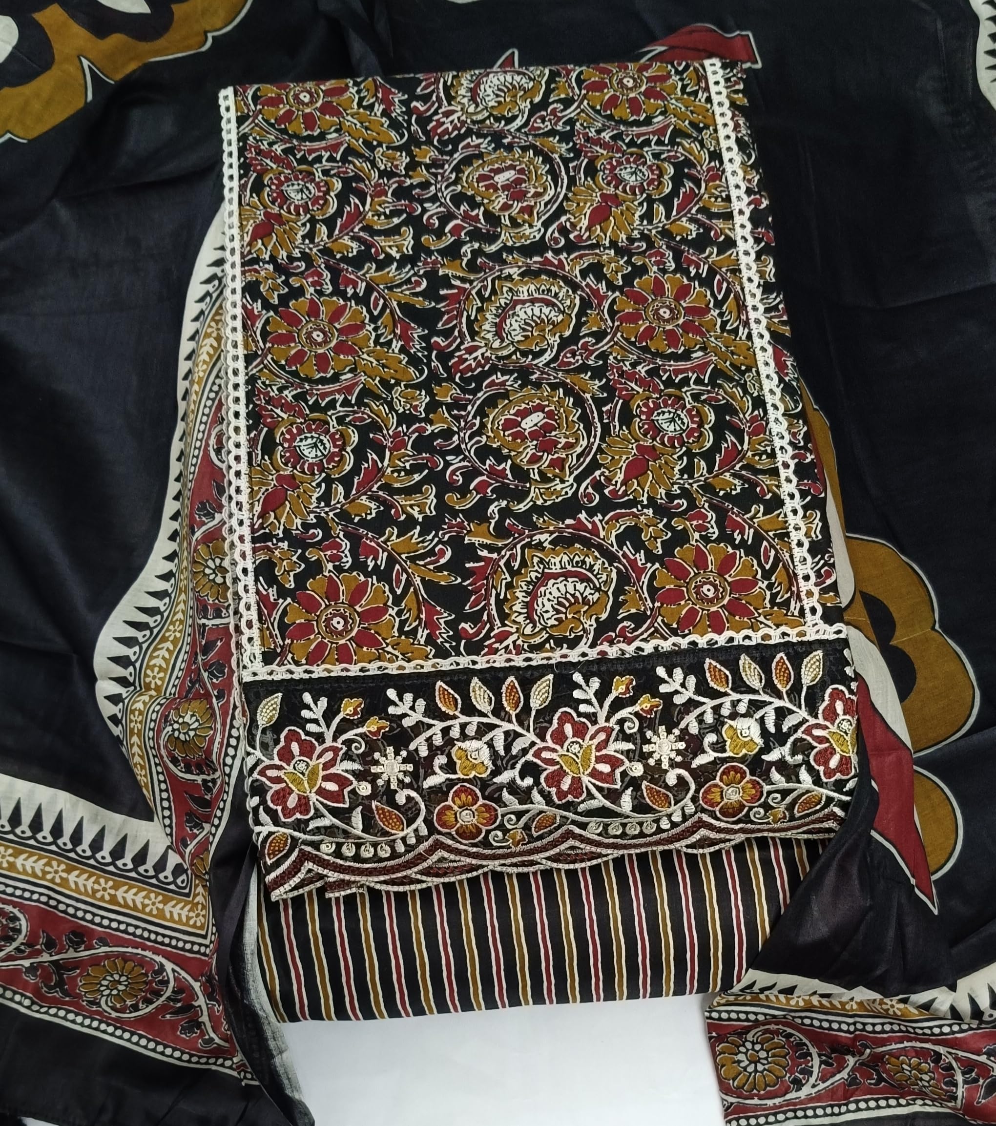 DRAVINAM Trends Women's Printed Embroidered and Hand Work Premium Cotton Jaipuri Unstitched Salwar Suit Dress Material with Mulmul Cotton Dupatta