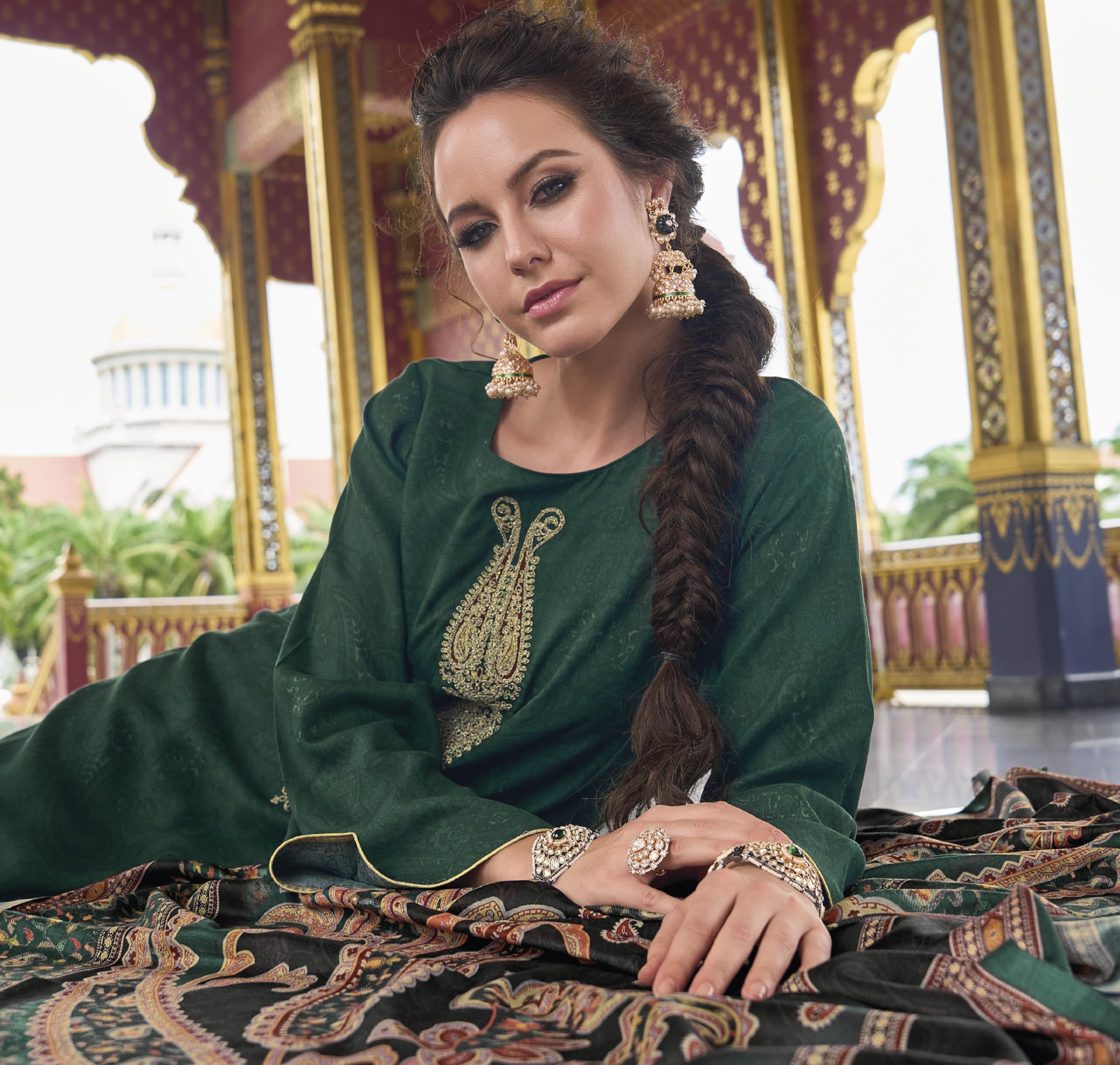 DRAVINAM Trends Women's Digital printed Zari Embroidered Pure Woolen Pashmina Unstitched Salwar suit Dress Material with Pure Pashmina Shawl Dupatta