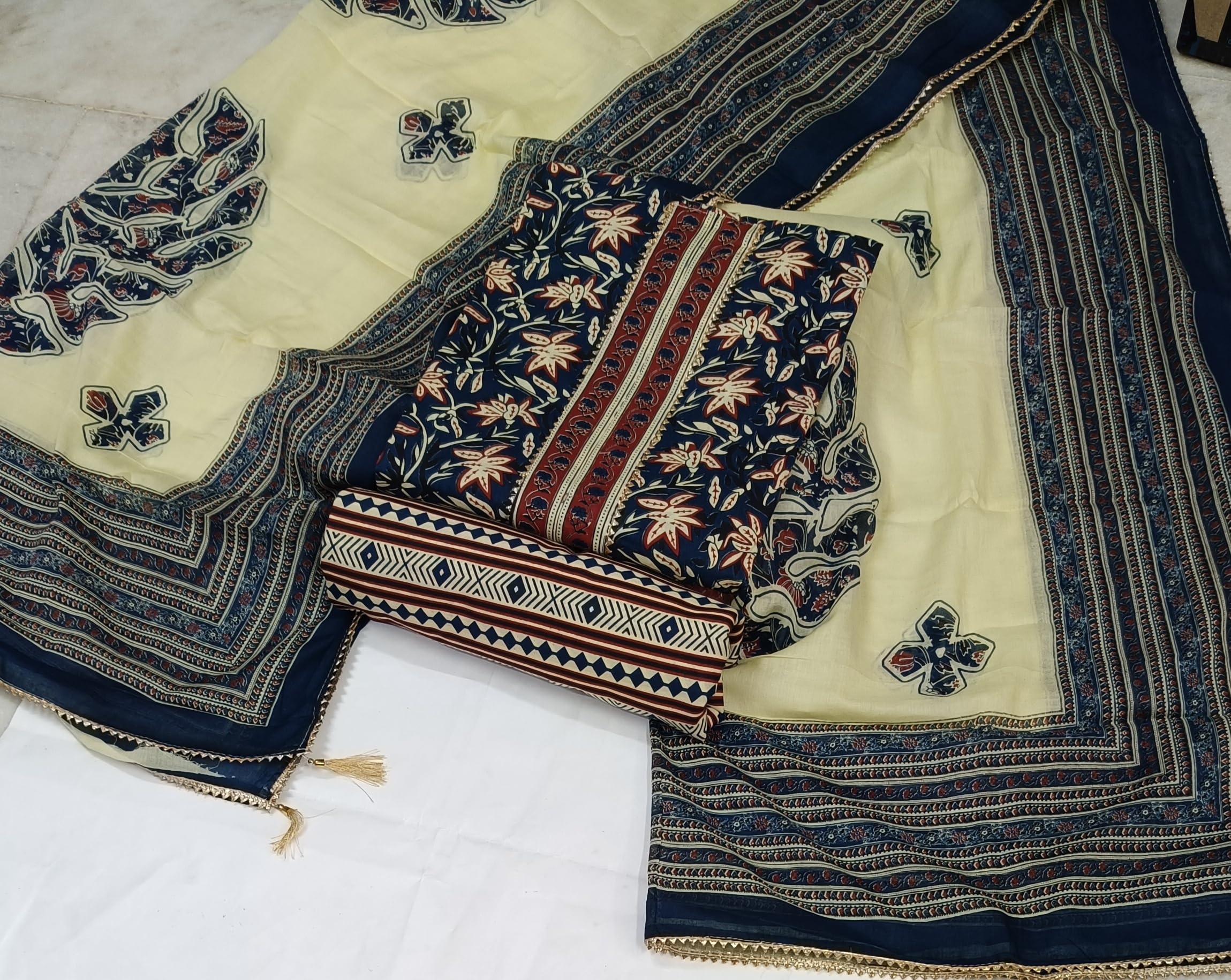 DRAVINAM Trends Women's Jaipuri Printed Embroidered and Hand Work Premium Cambric Cotton Unstitched Salwar Suit Dress Material with Mulmul Cotton Dupatta