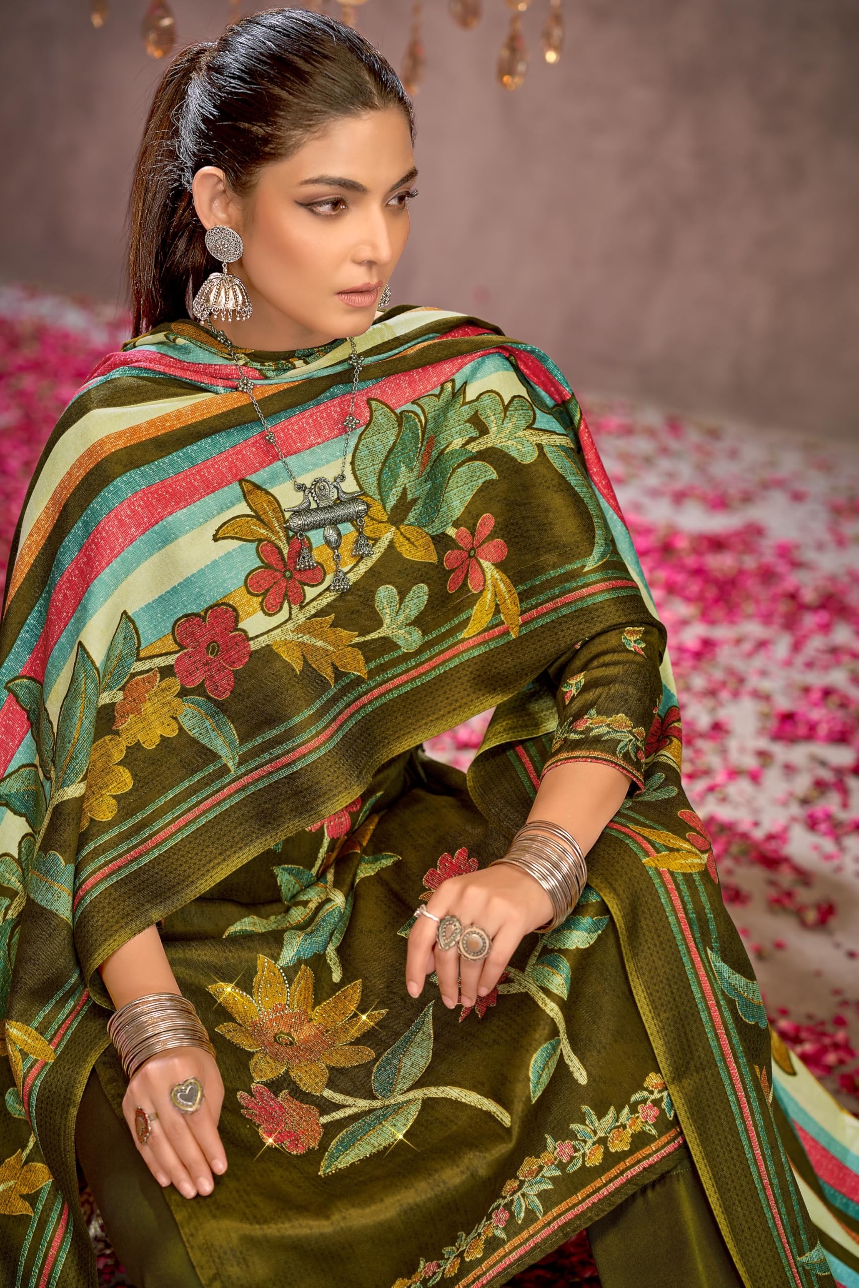 DRAVINAM Trends Women's Winter Wear Floral Printed Warm Wool Pashmina Salwar Kameez Dress Material with Swaroski Work and Pashmina Printed Shawl Dupatta