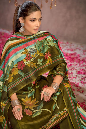 DRAVINAM Trends Women's Winter Wear Floral Printed Warm Wool Pashmina Salwar Kameez Dress Material with Swaroski Work and Pashmina Printed Shawl Dupatta