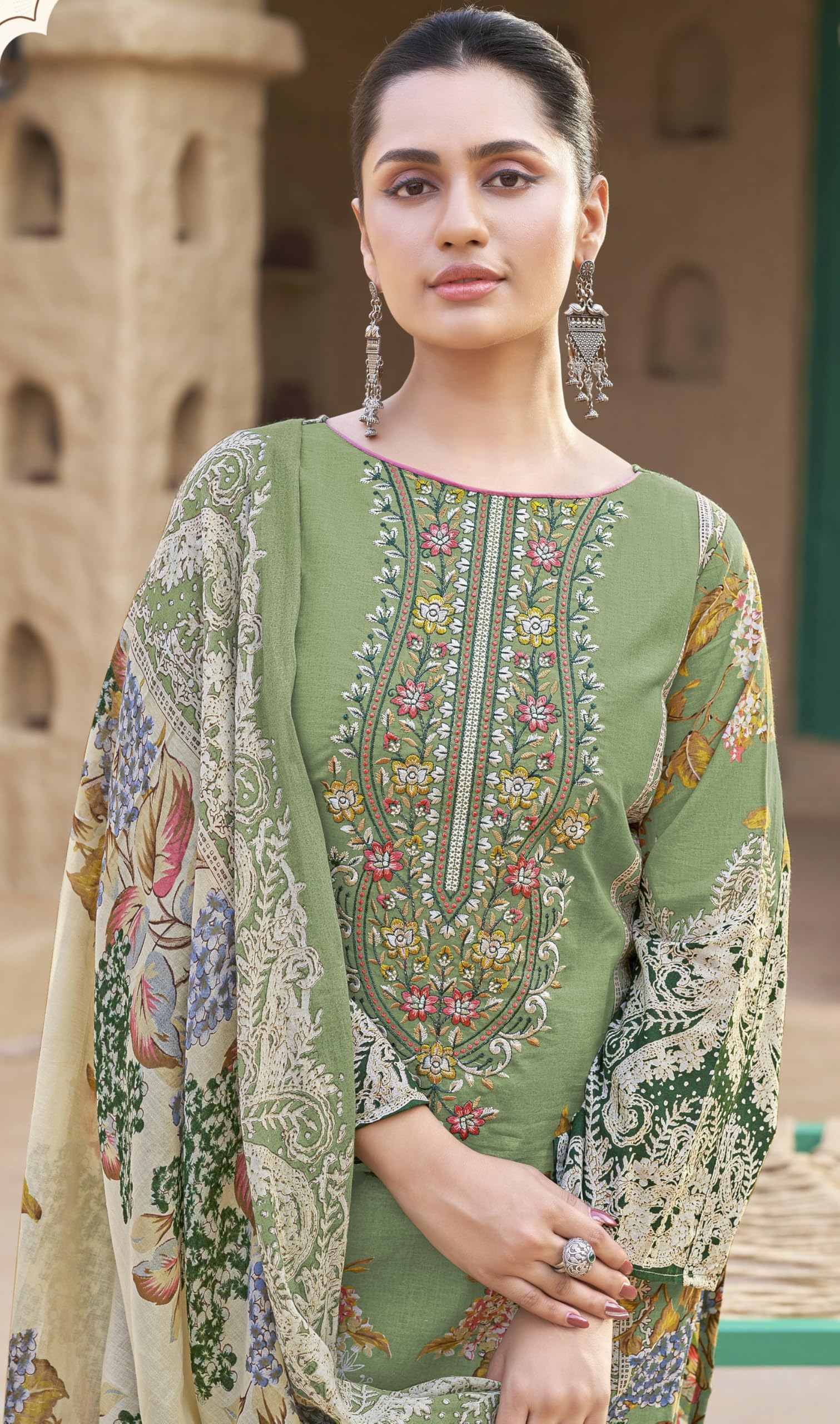 DRAVINAM Trends Women's Unstitched Premium Cambric Cotton Embroidered Printed Suit Material
