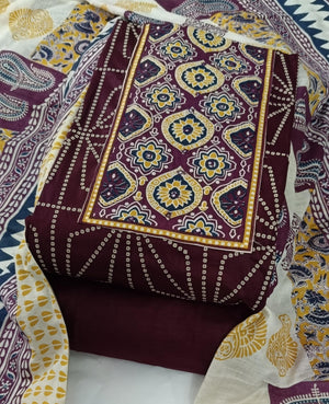 DRAVINAM Trends Women's Cambric Cotton Dress Material | Unstitch Kalamkari Printed Suit Set with Cotton Dupatta
