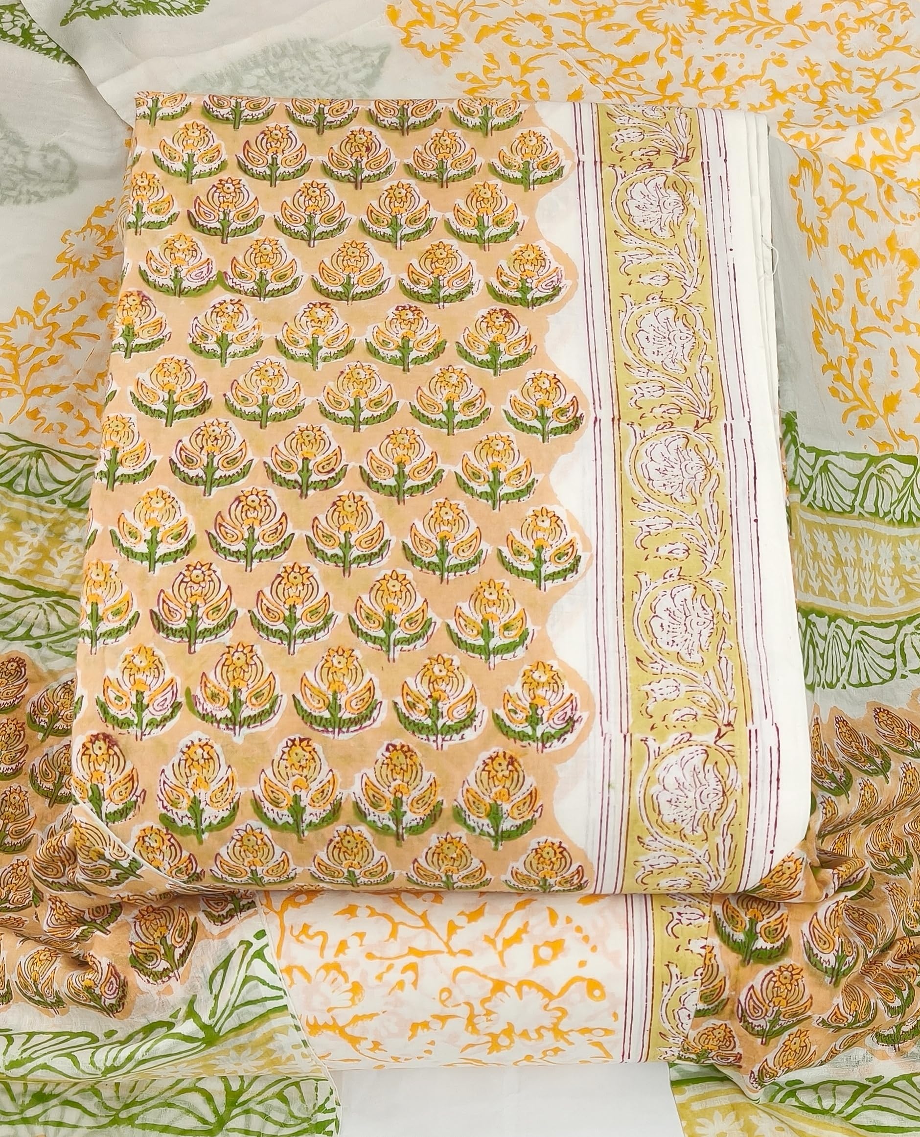 DRAVINAM Trends Hand Block Print Jaipuri Cambric Unstitched Cotton Suit Dress Material for Women with Mulmul Cotton Hand Printed Dupatta