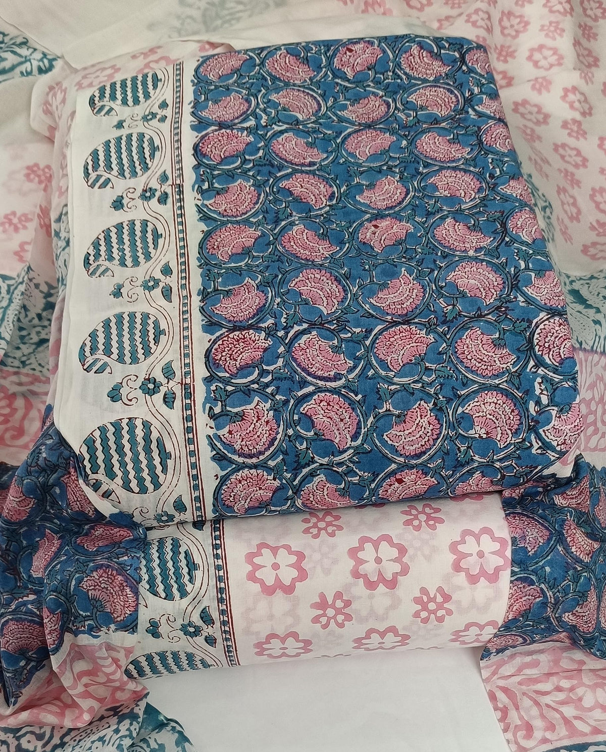 DRAVINAM Trends Hand Block Dabu Print Indigo Cambric Unstitched Cotton Suit Dress Material for Women with Mulmul Cotton Hand Printed Dupatta