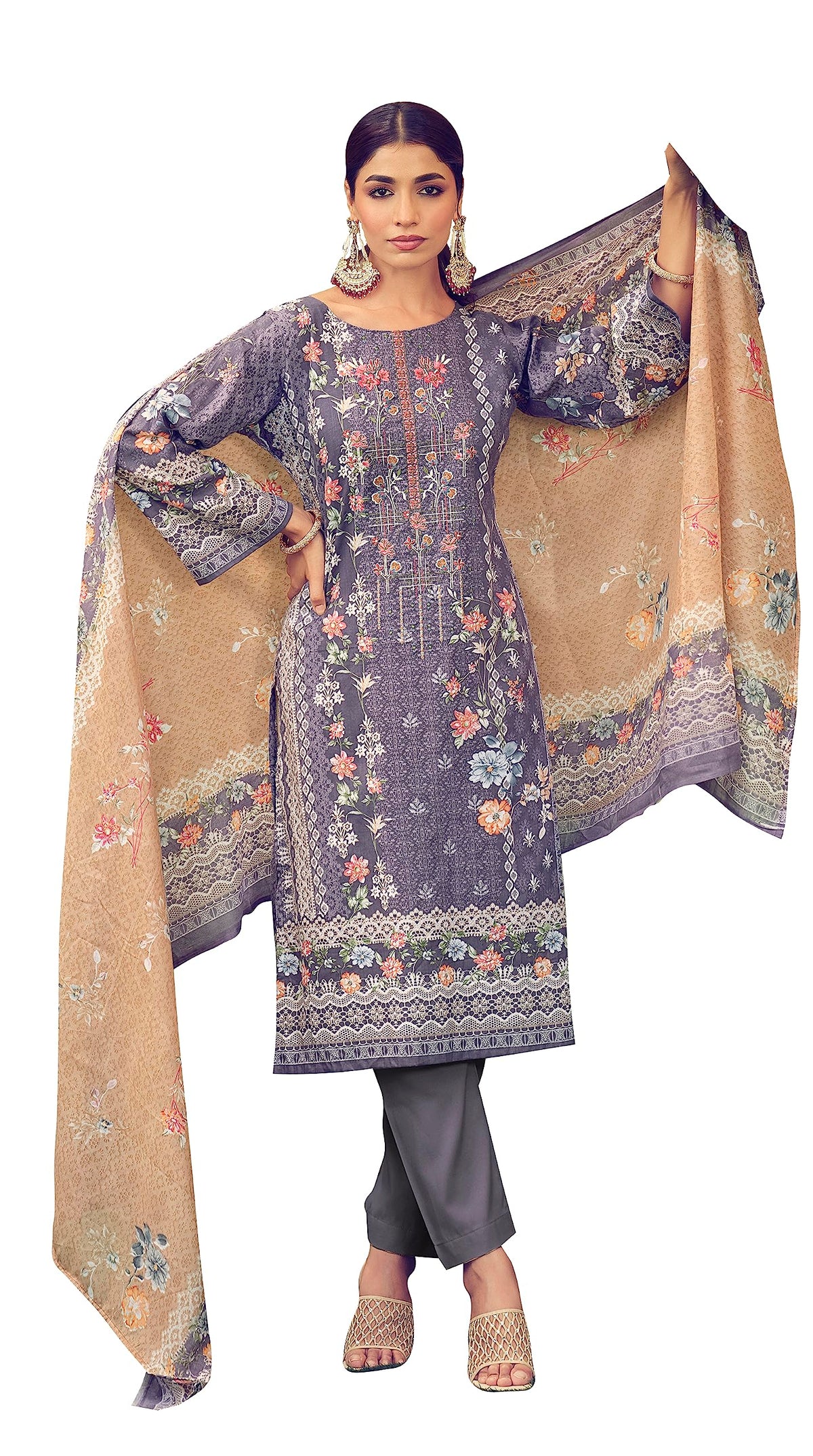 DRAVINAM Trends Unstitched Pakistani Print Embroidered Cotton Suit Dress Materials with Printed Cotton Dupatta