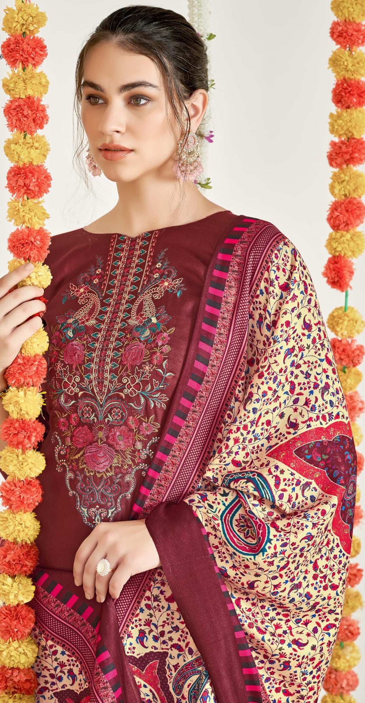 DRAVINAM Trends Women's Unstitched Woollen Pure Pashmina Embroidered Salwar Suit Dress Material with Pashmina Printed Shawl Dupatta