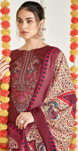 DRAVINAM Trends Women's Unstitched Woollen Pure Pashmina Embroidered Salwar Suit Dress Material with Pashmina Printed Shawl Dupatta